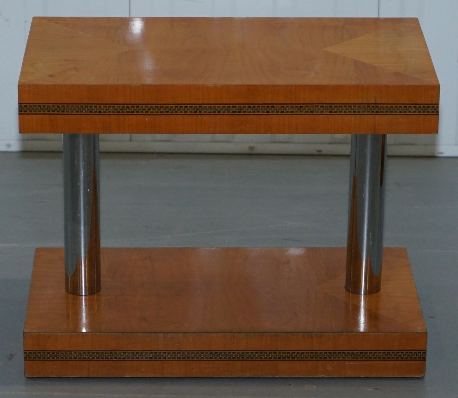 Pair Of Mid Century Modern Chrome Plated & Satinwood Side End Wine Lamp Tables photo for sale