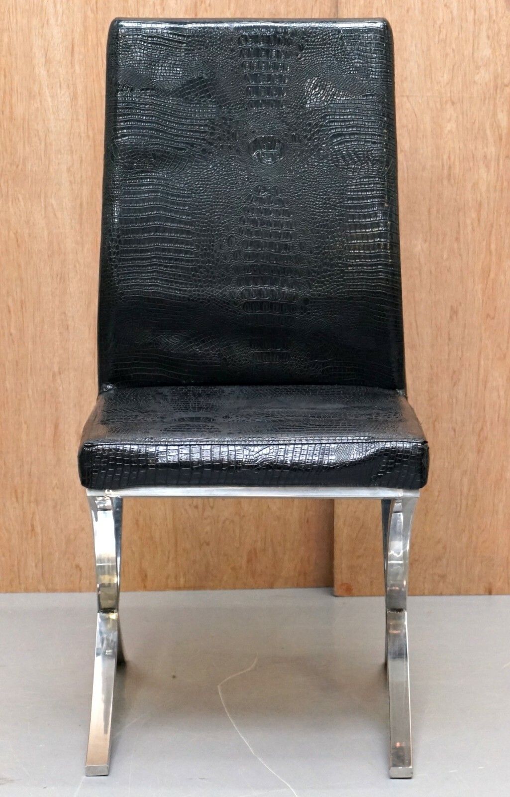 Set Of Eight Chrome Black Faux Alligator Crocodile Patina Leather Dining Chairs photo for sale