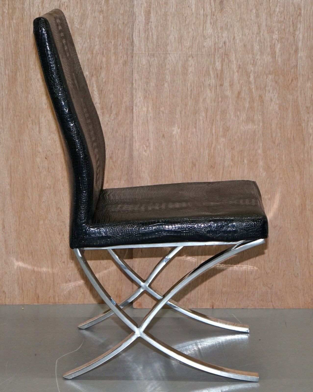 Set Of Eight Chrome Black Faux Alligator Crocodile Patina Leather Dining Chairs photo vintage