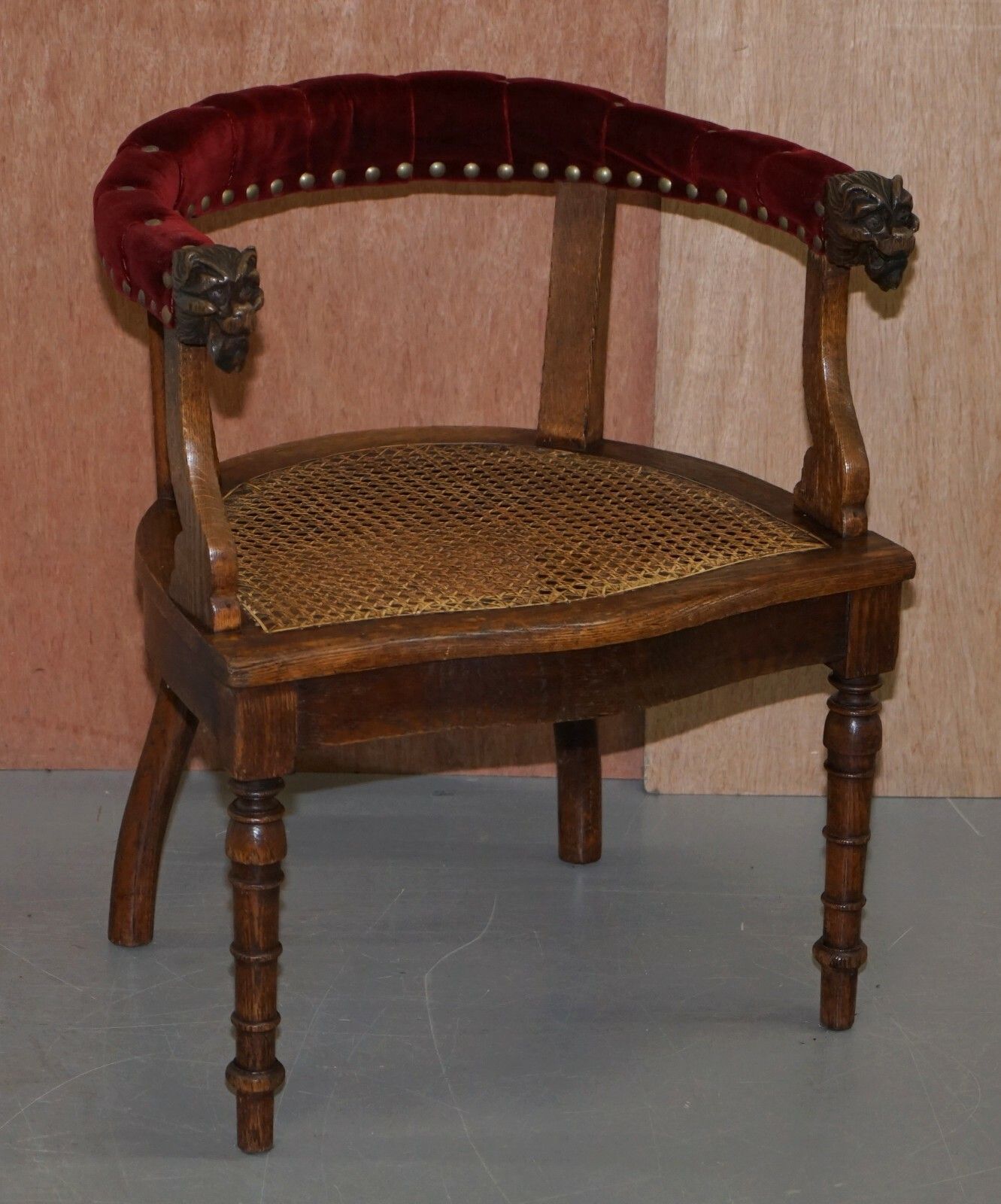 Lovely Antique Regency Oak Carved Bergere Armchair With Lions Head Arms Velvet photo furniture