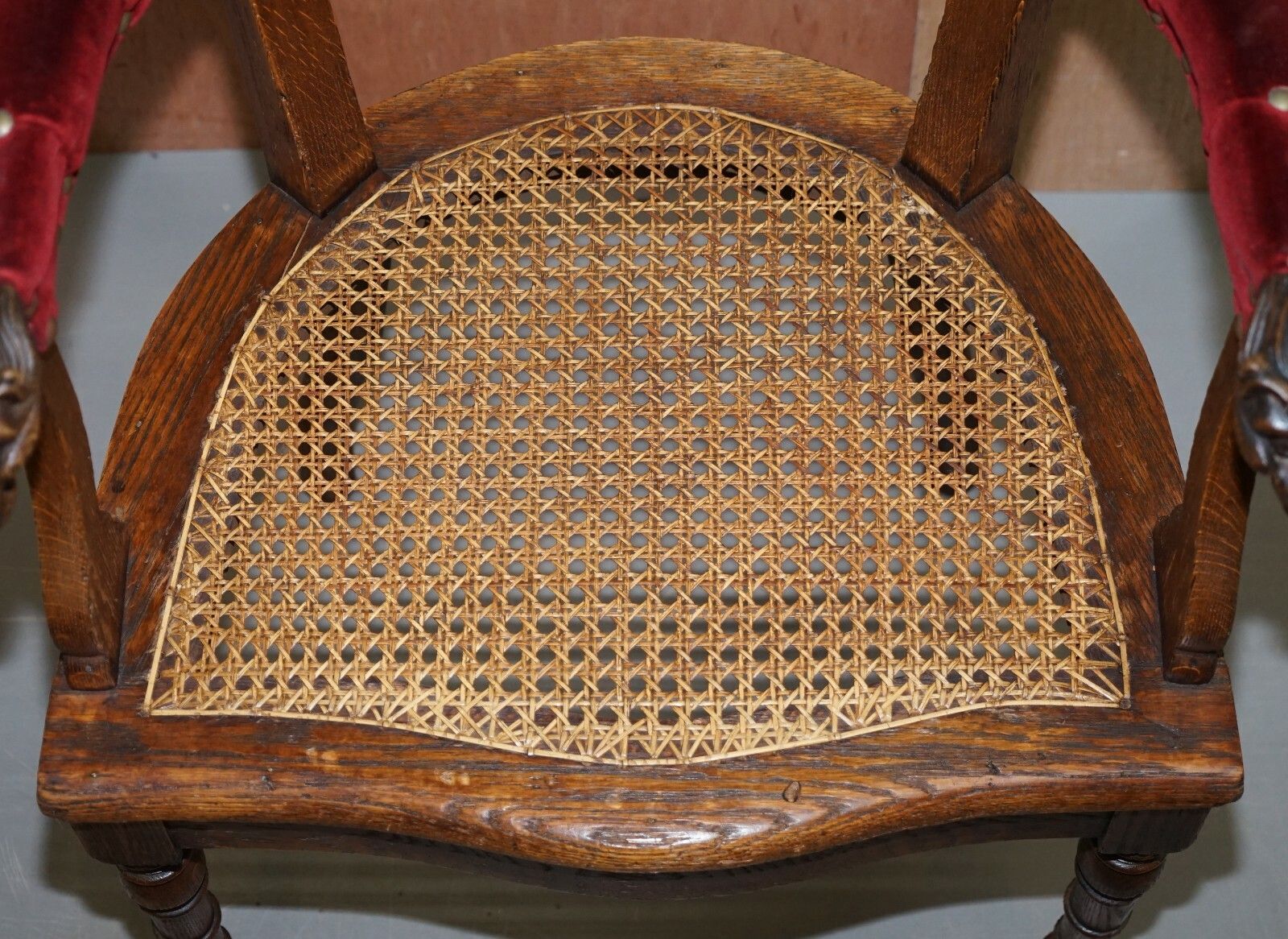 Lovely Antique Regency Oak Carved Bergere Armchair With Lions Head Arms Velvet photo for sale