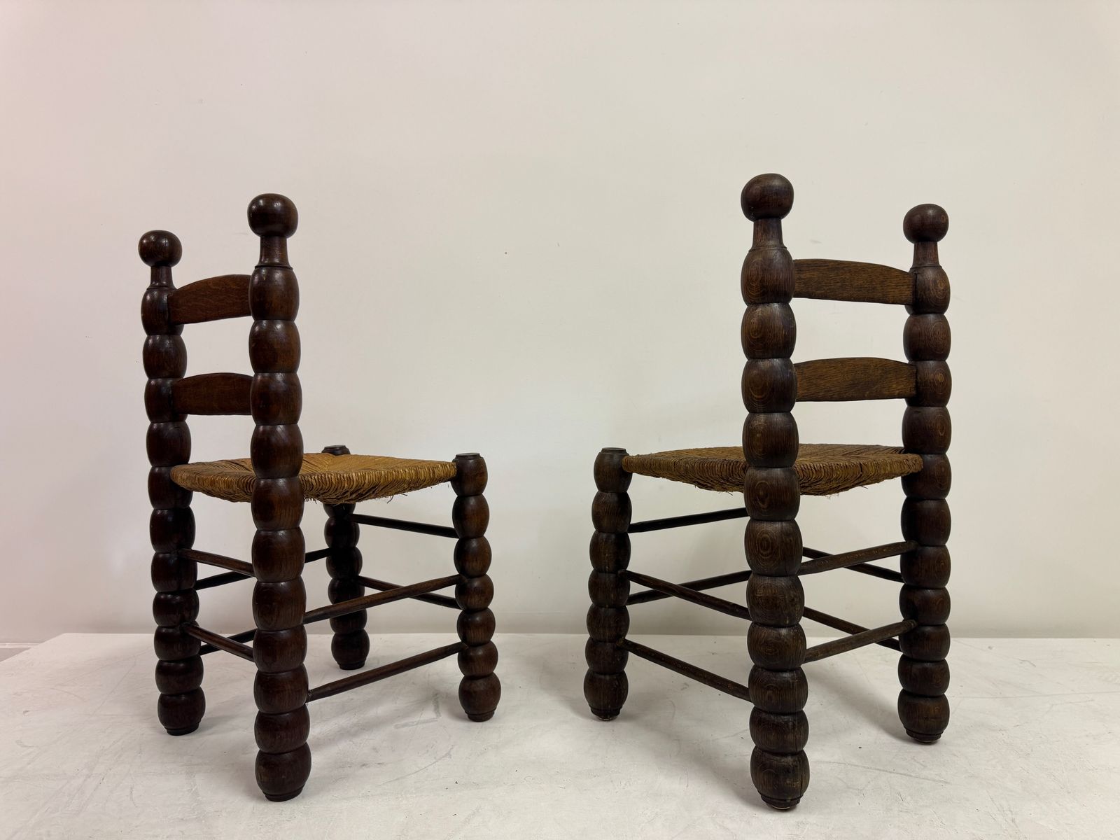 photo furniture Pair Of French Turned Wood Chairs With Rush Seats, In The Style Of Charles Dudouyt, 1940s