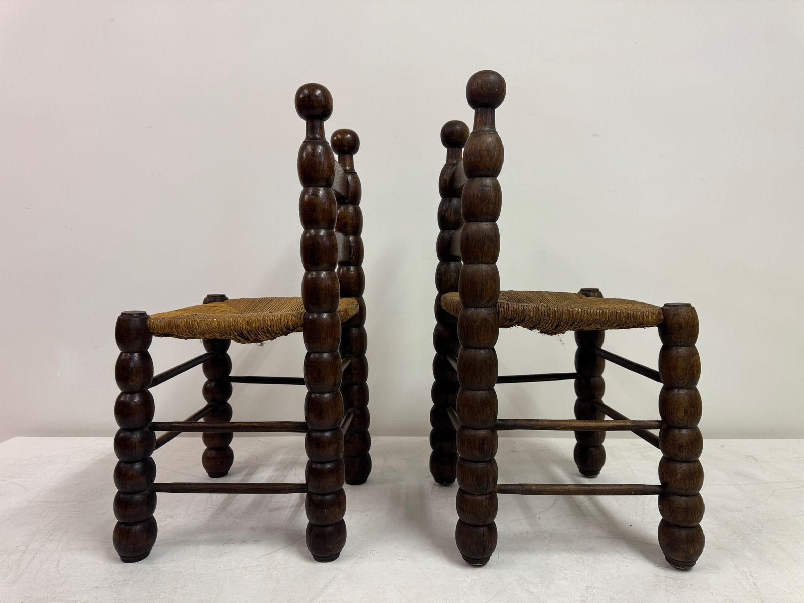 Furniture Pair Of French Turned Wood Chairs With Rush Seats, In The Style Of Charles Dudouyt, 1940s photo