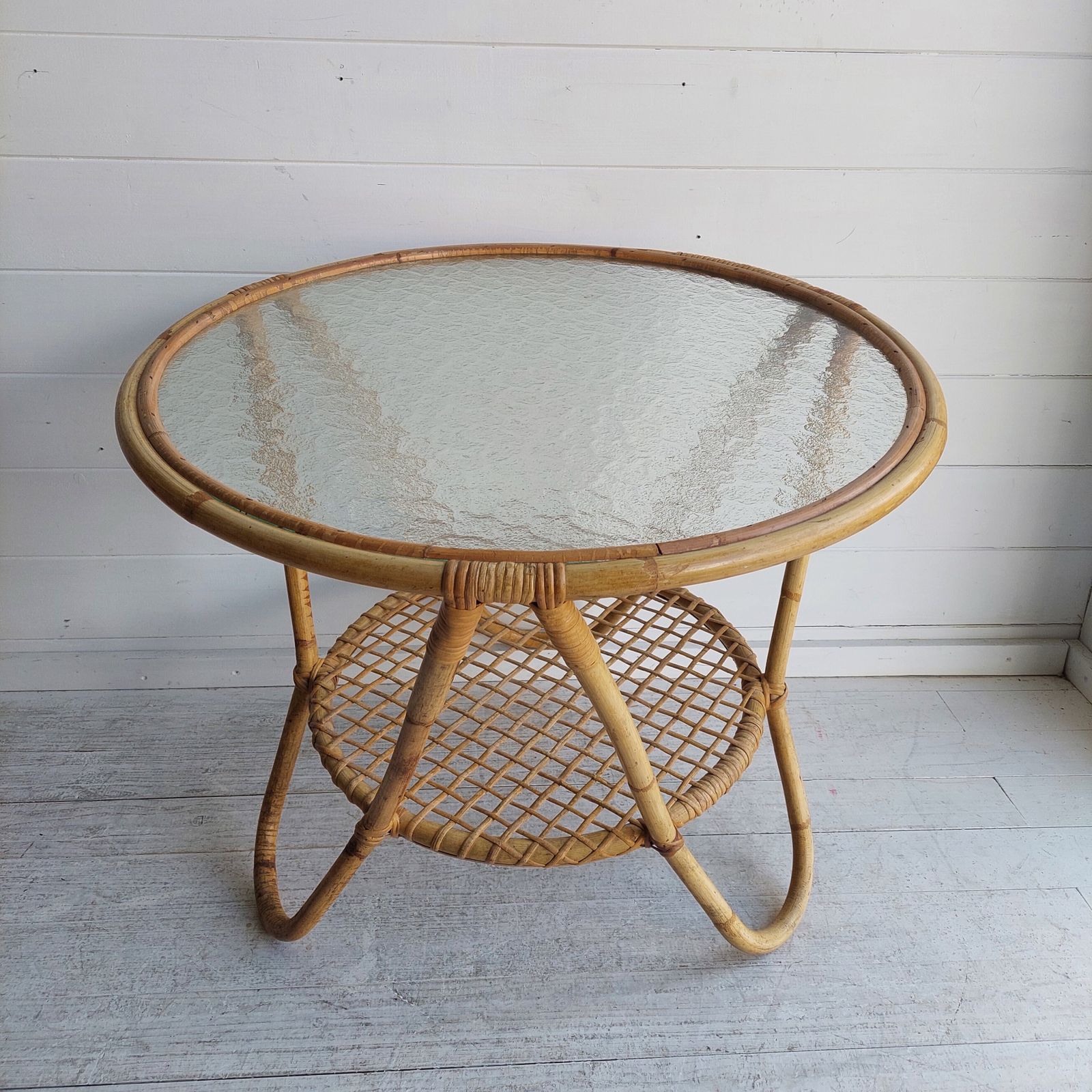 Furniture Mid Century Round Bamboo Coffee Table Vintage Rattan Glass Rohé Noordwolde Style 60s 70s photo