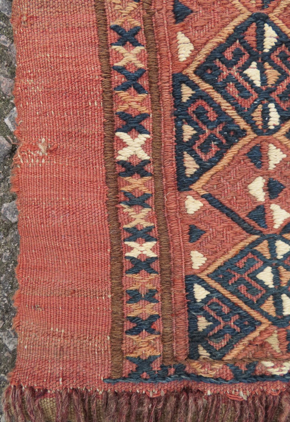 photo for sale Antique Ersari Flat Weave Turkmen Torba .145cm X 46cm. Complete With Back & Tassels.
