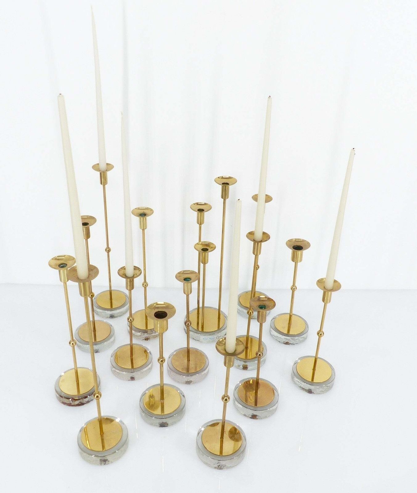 Set Of 15 Scandinavian Candlesticks In Brass And Glass, Gunnar Ander, Ystad Metall, Sweden 1960 photo furniture