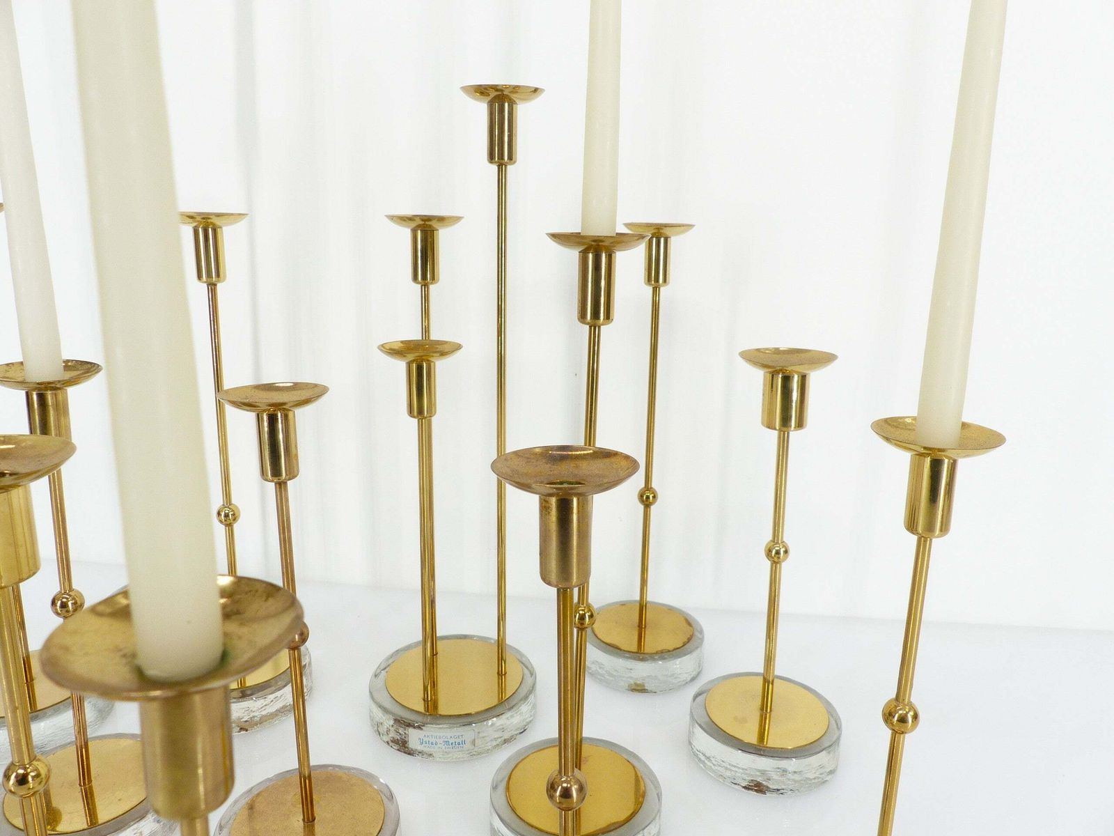 Set Of 15 Scandinavian Candlesticks In Brass And Glass, Gunnar Ander, Ystad Metall, Sweden 1960 photo buy