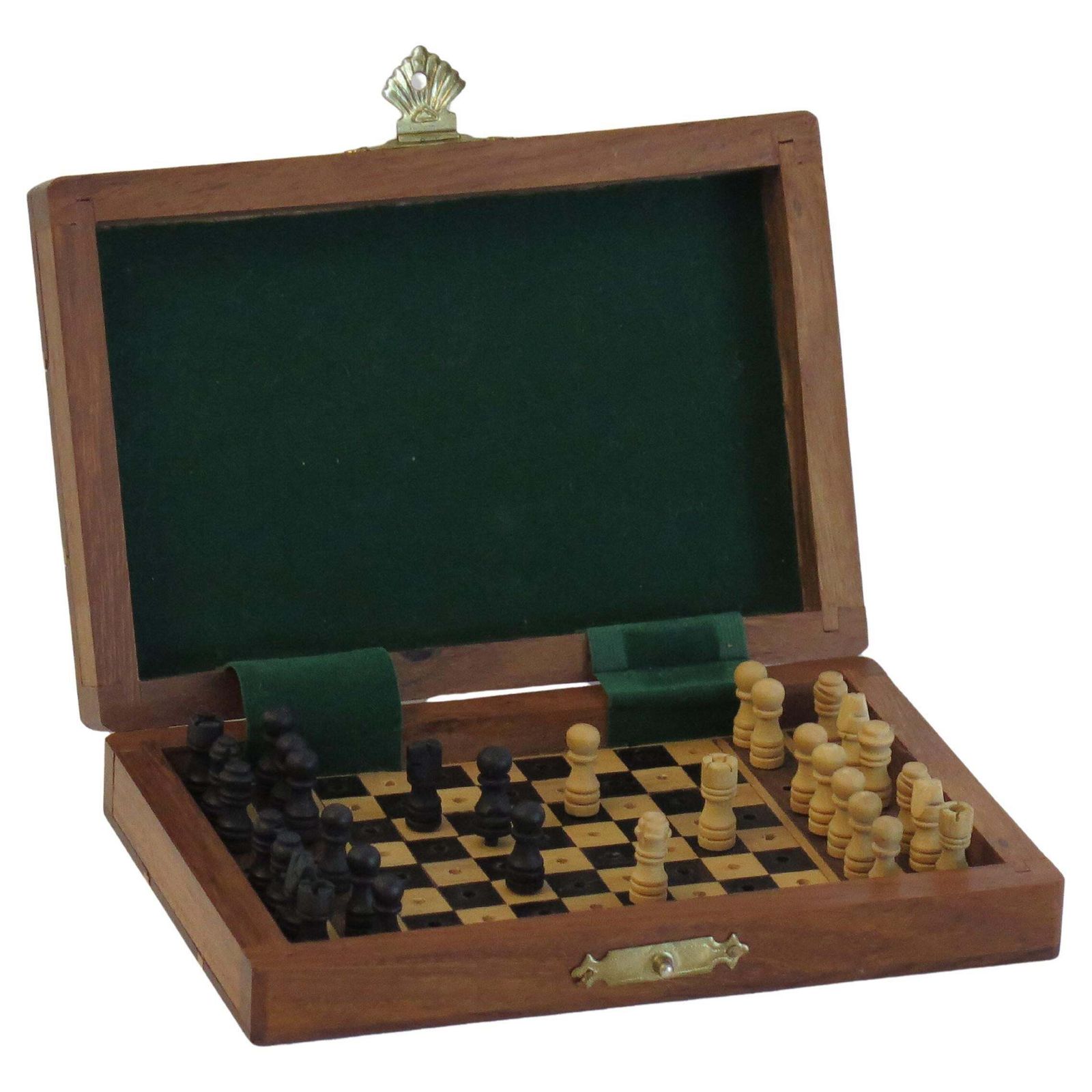 Miniature Travelling Chess Set Game Handmade In Walnut Inlaid Box, Circa 1940s