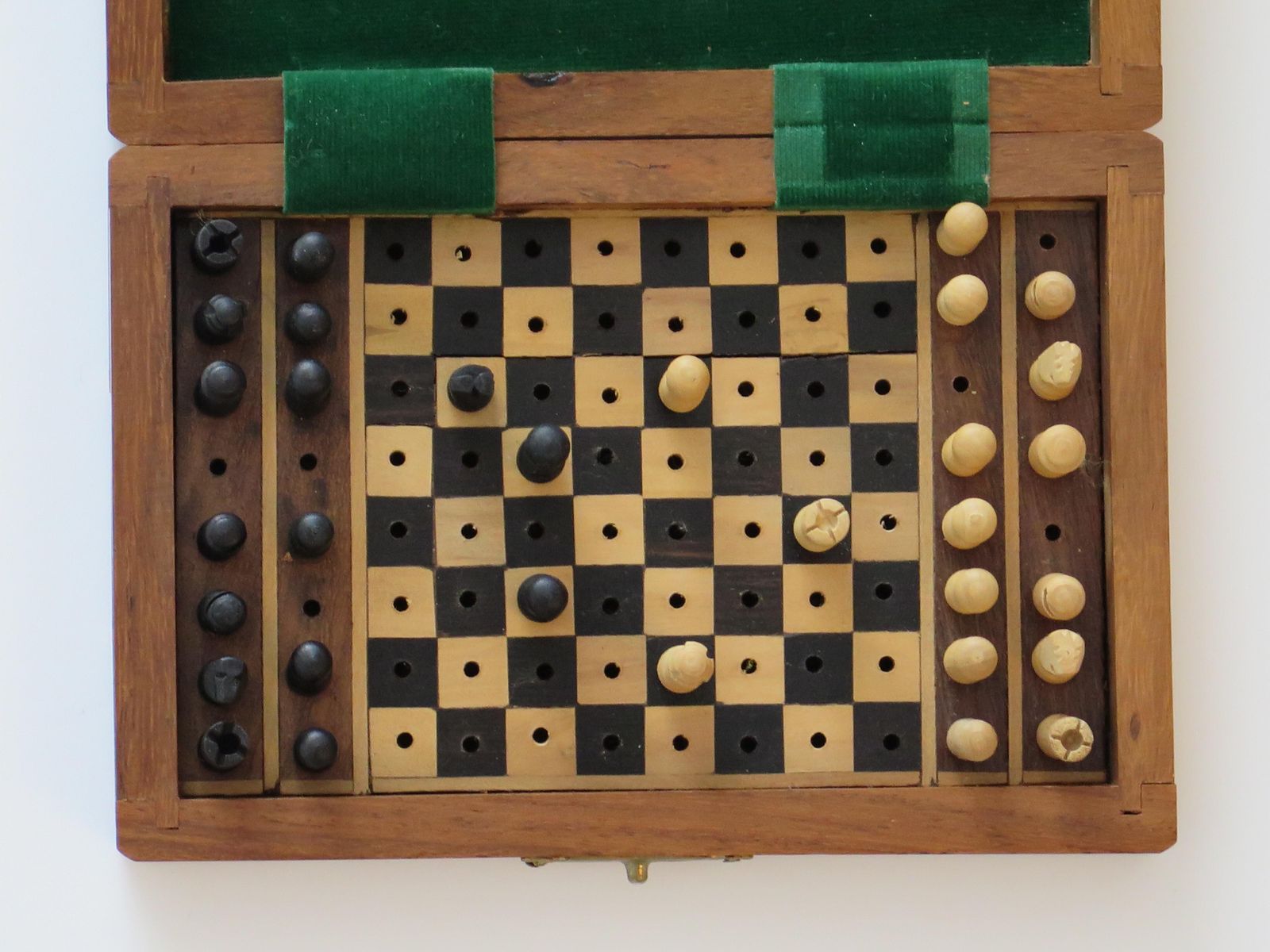 photo furniture Miniature Travelling Chess Set Game Handmade In Walnut Inlaid Box, Circa 1940s