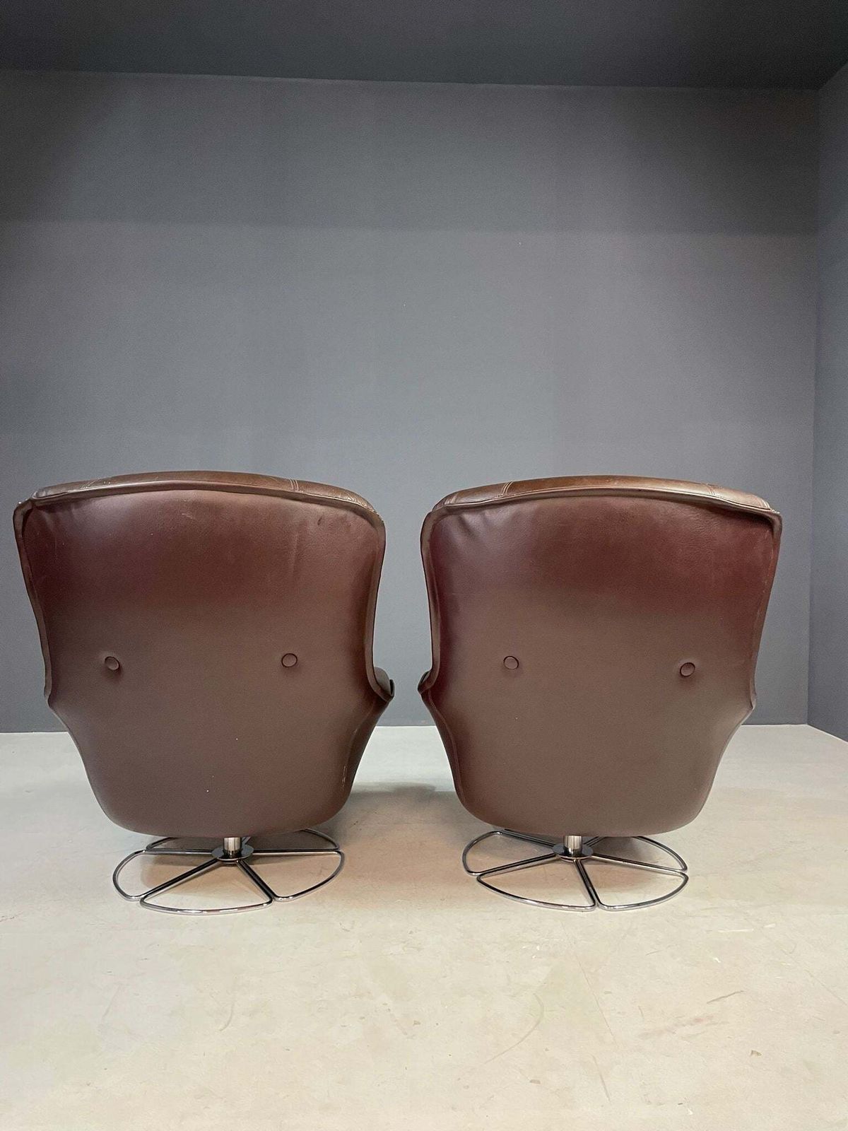 Pair Of Leather Swivel Armchairs By Peem, Finland, 1970s photo for sale