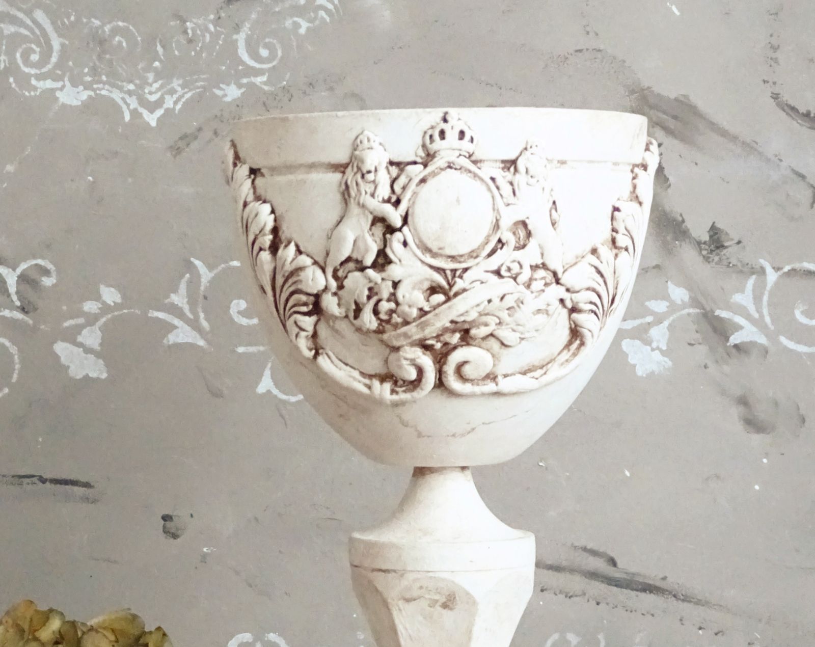 White Metal Pedestal Urn Vase: Shabby Chic Planter photo for sale