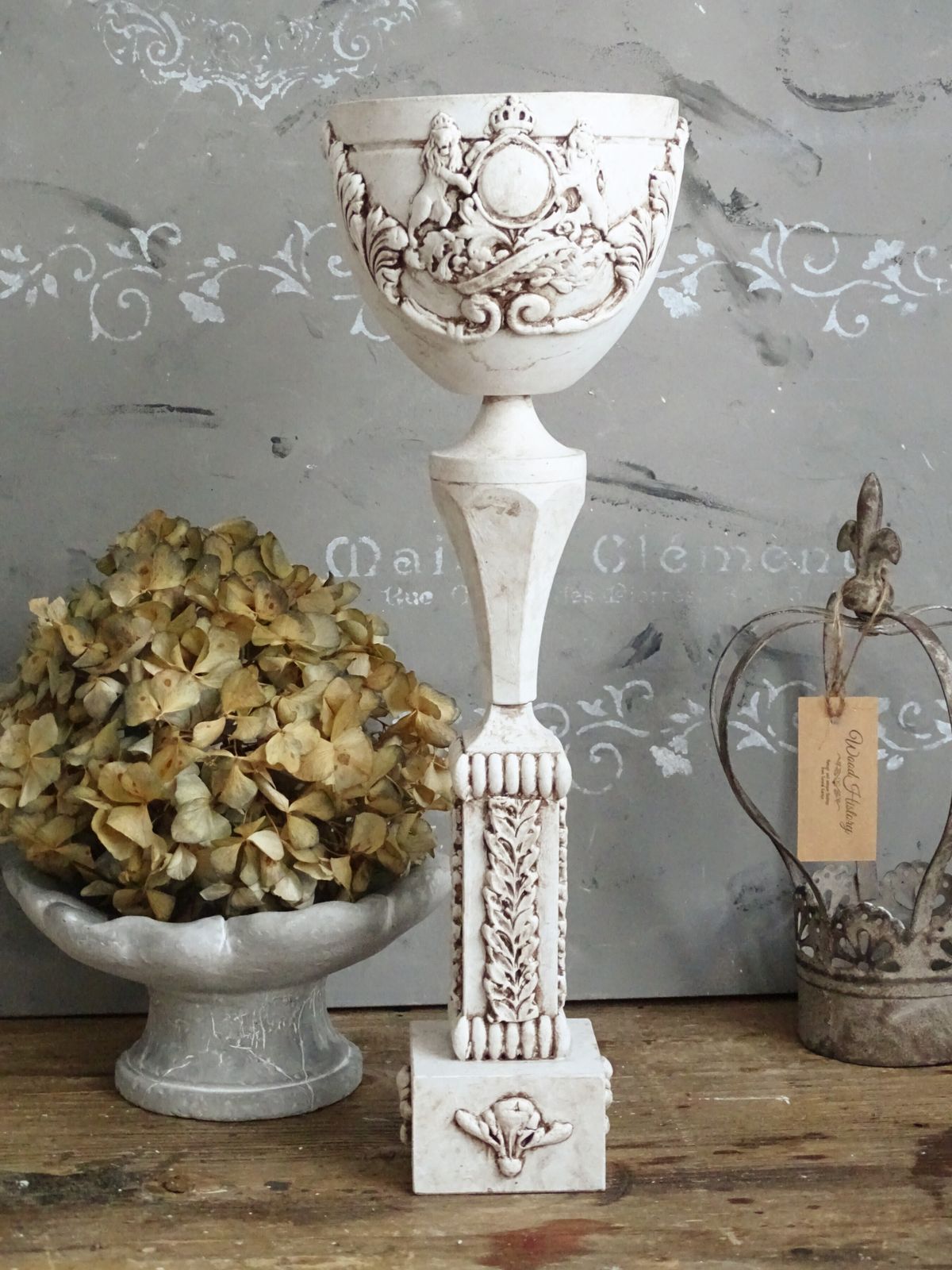 White Metal Pedestal Urn Vase: Shabby Chic Planter