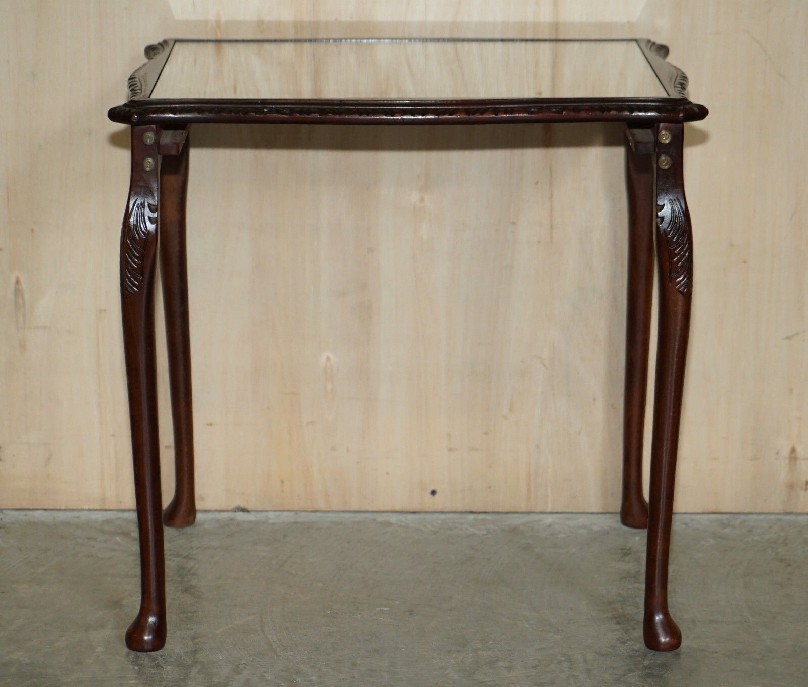 Vintage Nest Of Three Gold Leaf Embossed Brown Leather Tops Side End Wine Tables photo Furniture