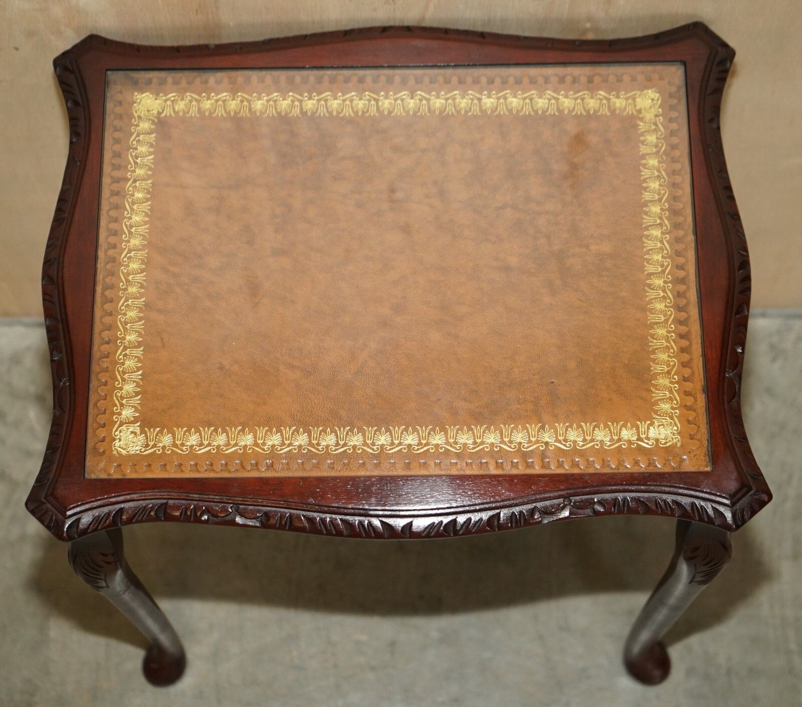 photo for sale Vintage Nest Of Three Gold Leaf Embossed Brown Leather Tops Side End Wine Tables