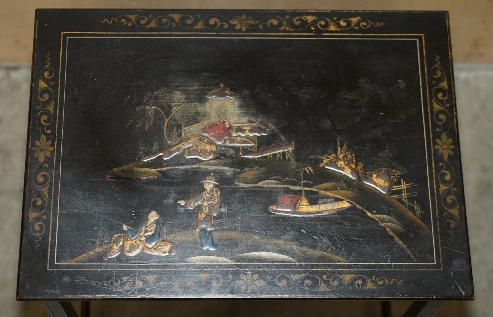 Nest Of Three Circa 1900 Chinese Chinoiserie Lacqurered Side Tables Hand Painted photo vinterior