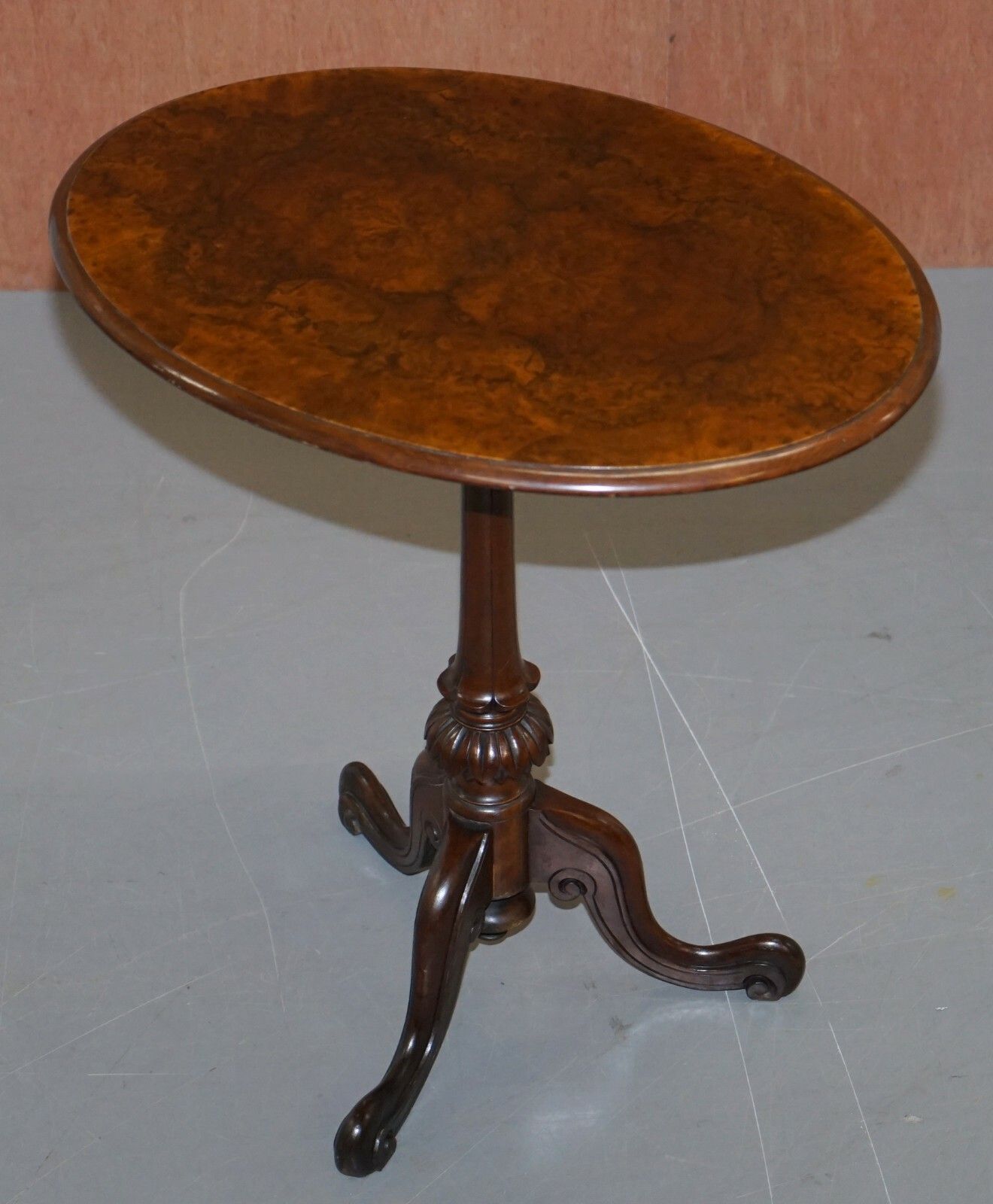 Victorian Burr Quarter Cut Walnut Oval Side End Lamp Tripod Table Ornately Carve photo for sale