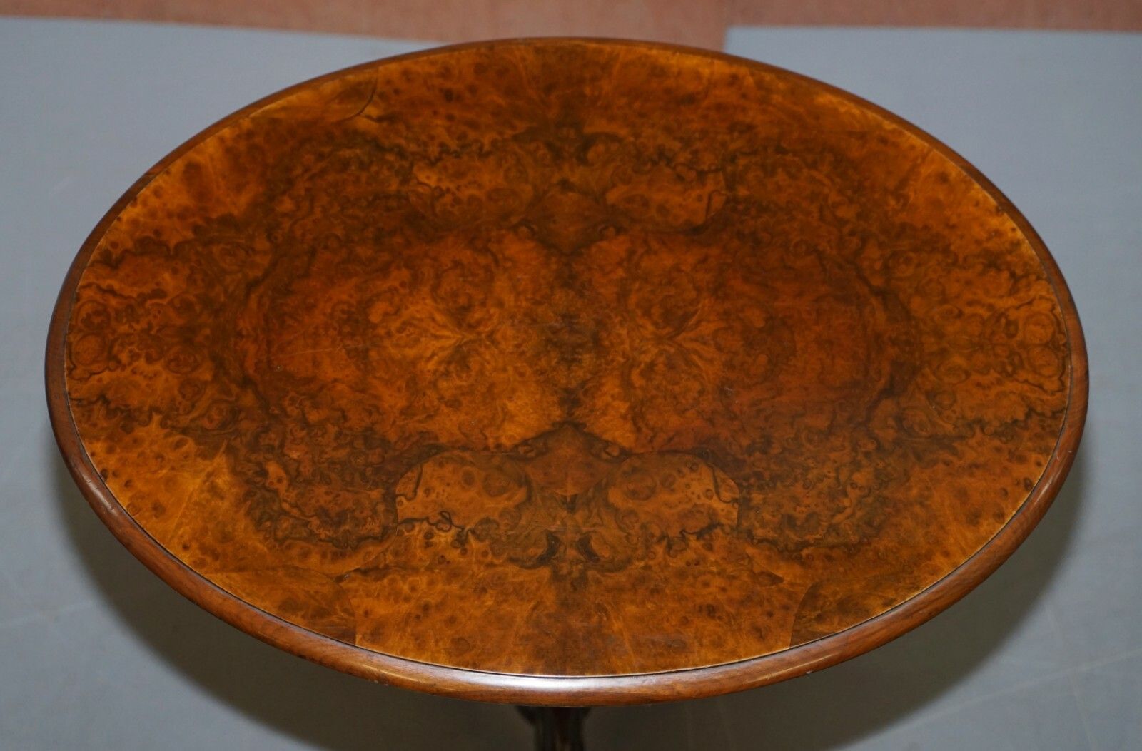 Victorian Burr Quarter Cut Walnut Oval Side End Lamp Tripod Table Ornately Carve photo Furniture