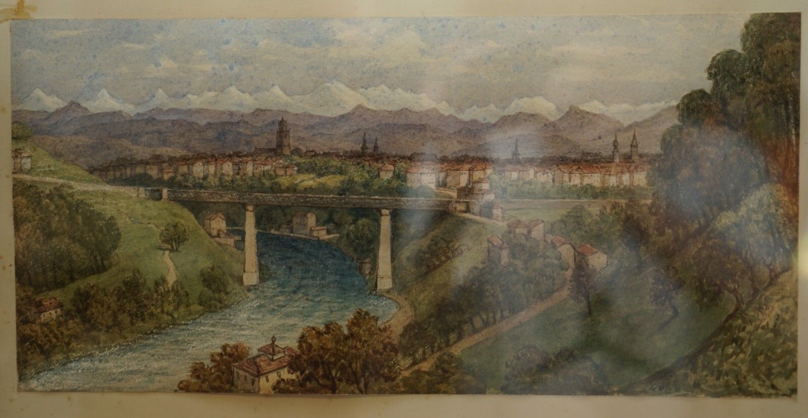 Fine Antique Dated 1850 Watercolour Painting Of A Bridge In Berne Switzerland photo for sale