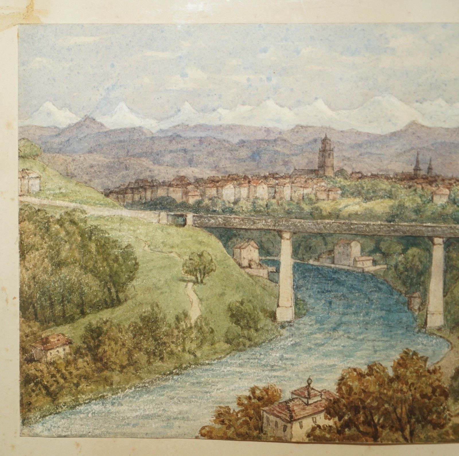 Fine Antique Dated 1850 Watercolour Painting Of A Bridge In Berne Switzerland photo buy