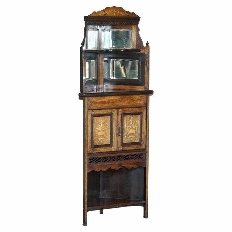 Antique Italian Circa 1880 Rosewood, Boxwood Inlay Mirrored Back Corner Cabinet
