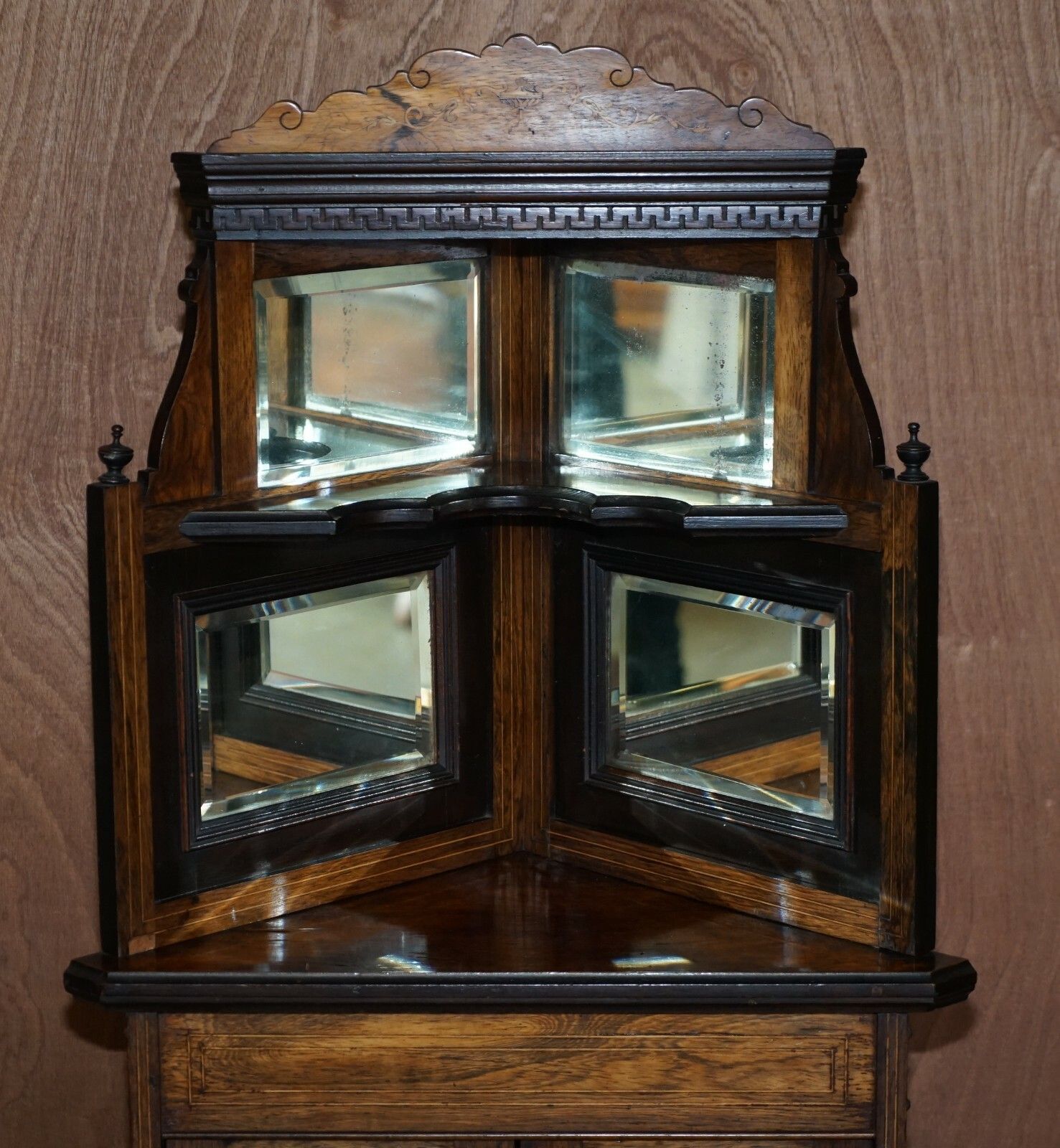 Antique Italian Circa 1880 Rosewood, Boxwood Inlay Mirrored Back Corner Cabinet photo for sale