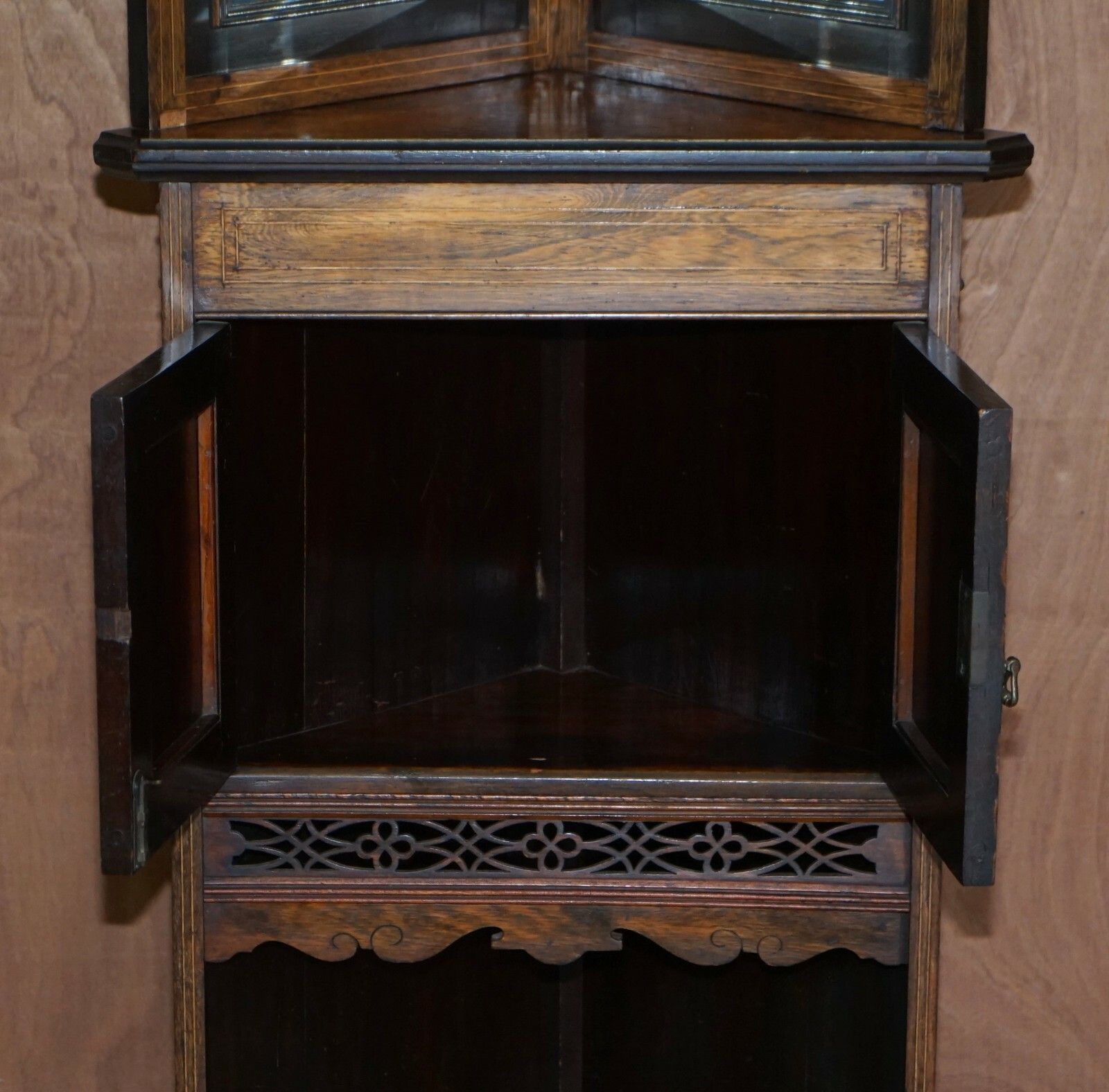 1027.0 Antique Italian Circa 1880 Rosewood, Boxwood Inlay Mirrored Back Corner Cabinet photo