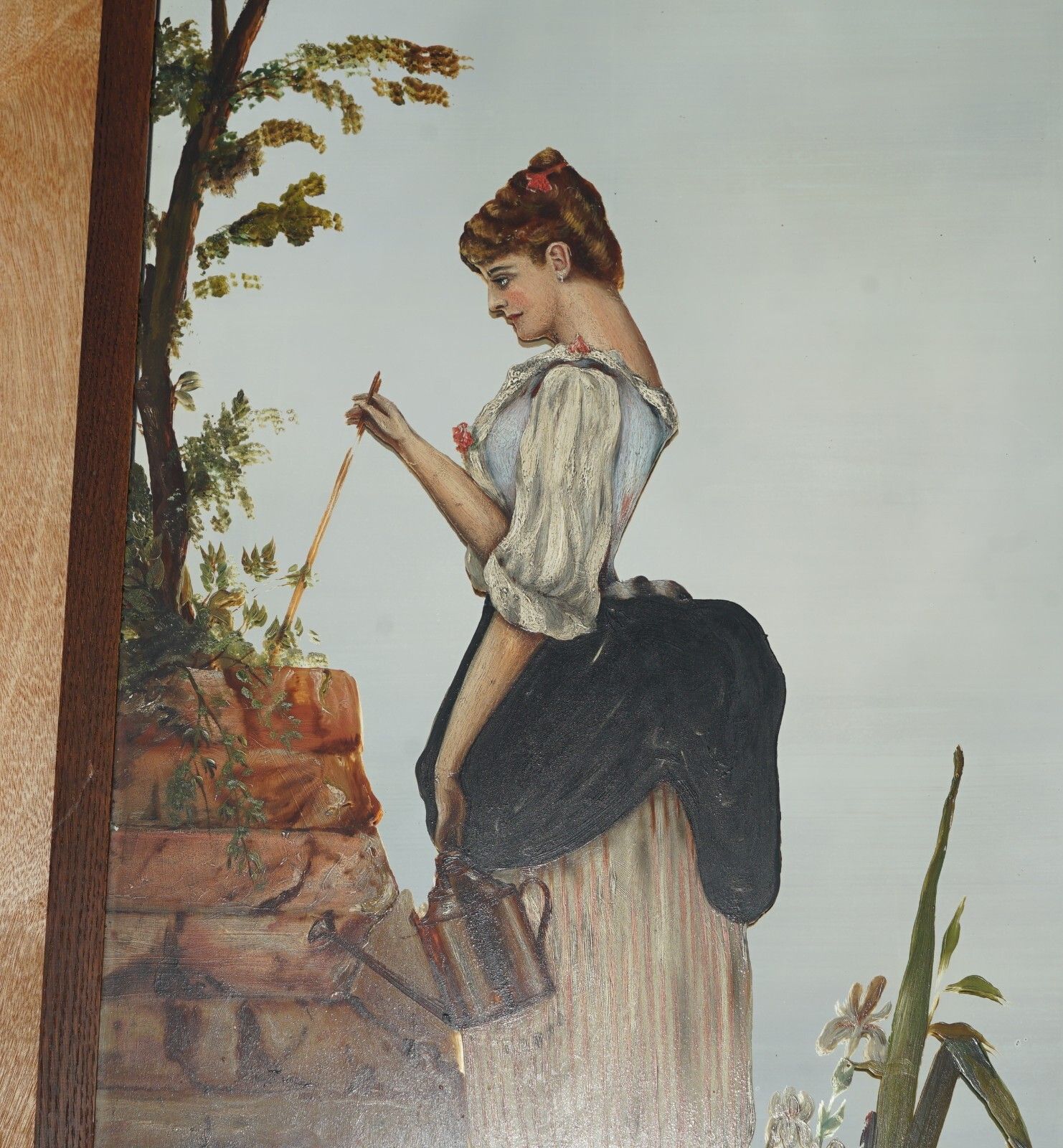 Antique Victorian Hand Painted Wall Hanging Mirror Depicting Elegant Lady photo furniture