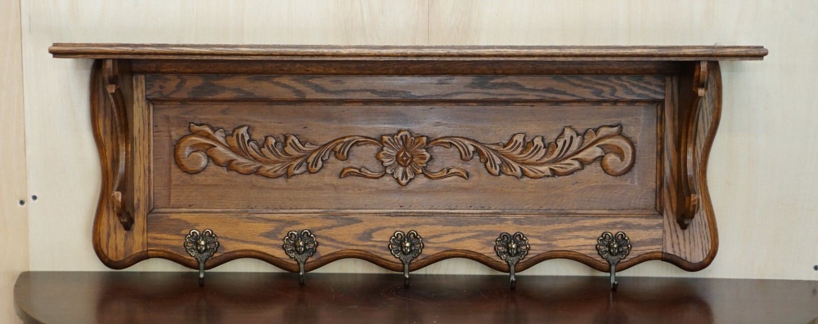 Antique Dutch Heavily Carved Oak Coat Hat Scarf Wall Rack Hanger Royal Hooks photo furniture
