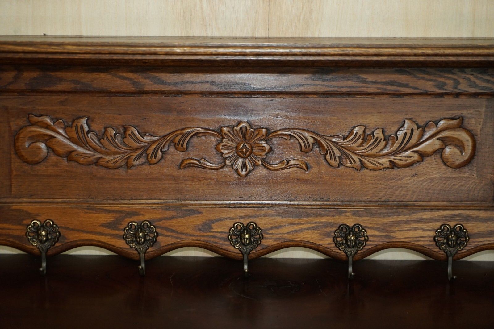 Antique Dutch Heavily Carved Oak Coat Hat Scarf Wall Rack Hanger Royal Hooks photo Furniture