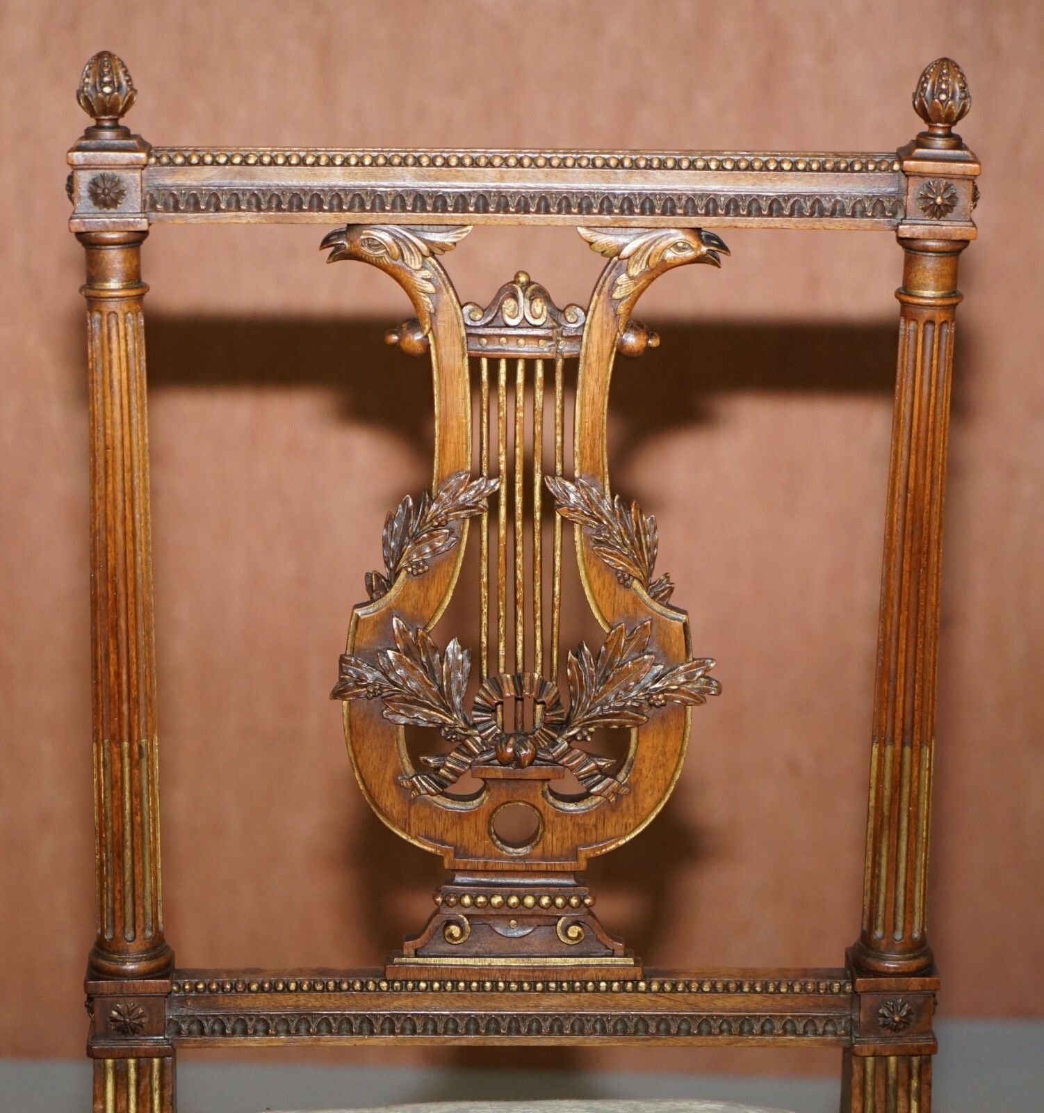 Ornate Pair Of Important Hand Carved Giltwood Occasional Chairs Phoenix Harp photo vinterior
