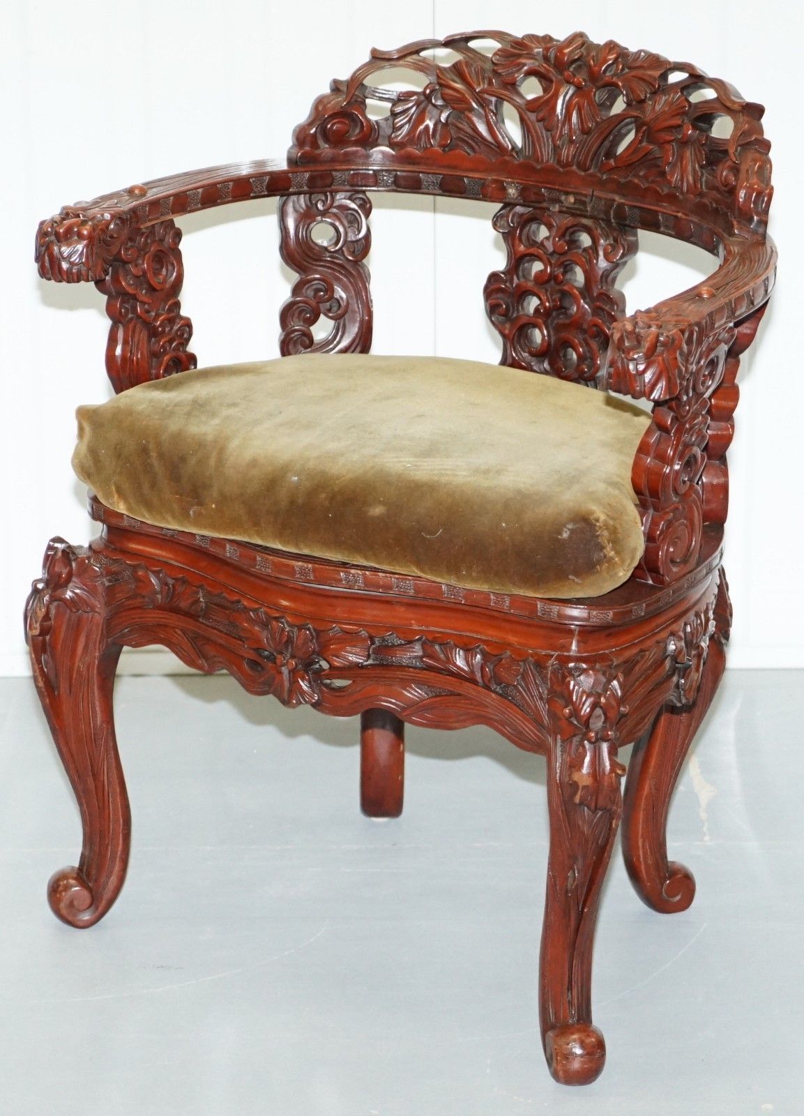 Vintage Chinese Red Lacquered Carved Elm Armchair With Heavy Foliage Detailing photo for sale