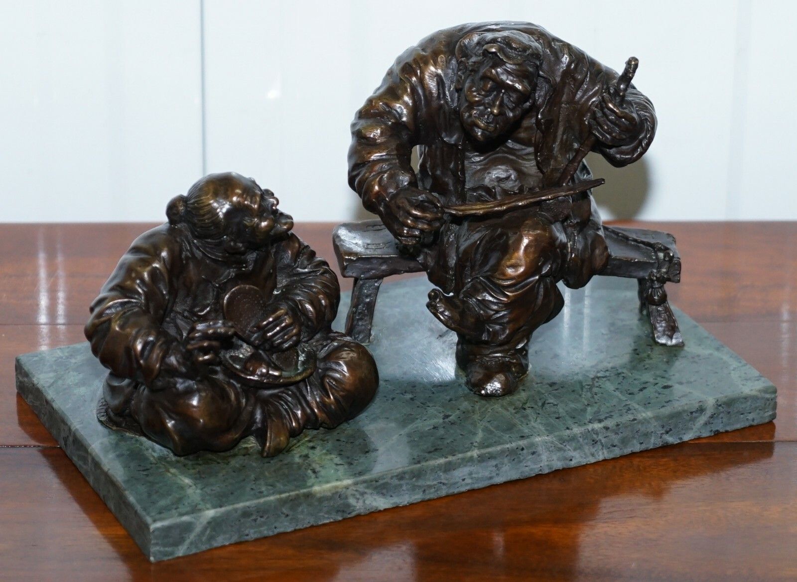 Signed Antique Chinese Bronze Statue Of Two Men One A Solid Green Marble Base photo furniture