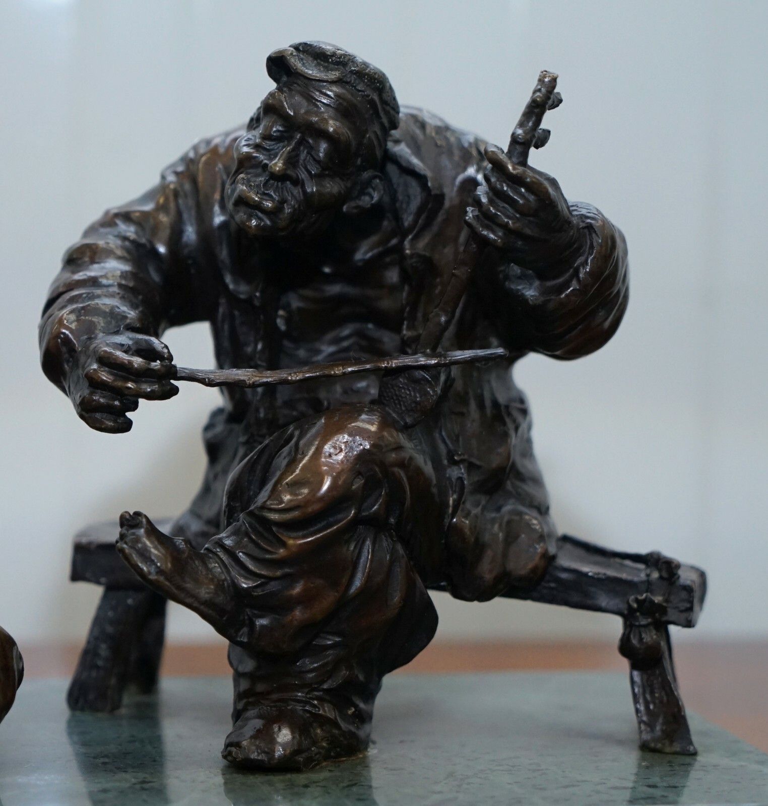 Signed Antique Chinese Bronze Statue Of Two Men One A Solid Green Marble Base photo for sale