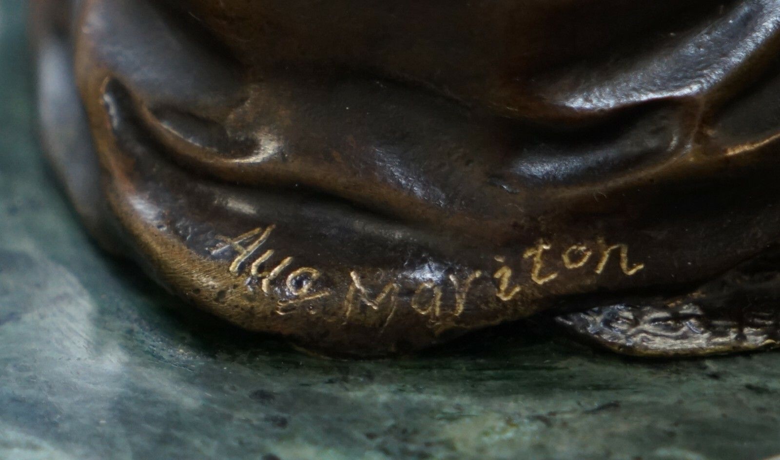 Art Signed Antique Chinese Bronze Statue Of Two Men One A Solid Green Marble Base photo
