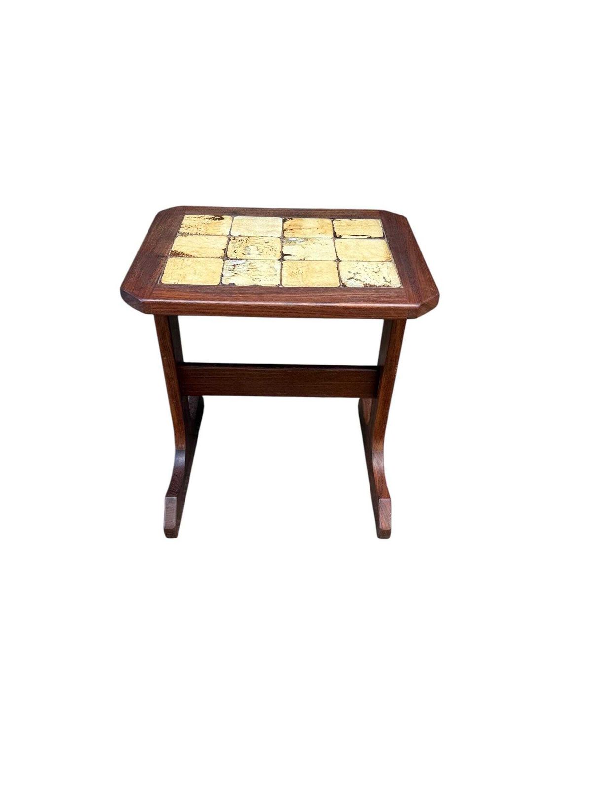 Small Vintage 1970s Danish Style Mid Century Tile Top Side Table – Teak Wood Accent Table With Retro Cream Glazed Ceramic Mosaic, Occasional