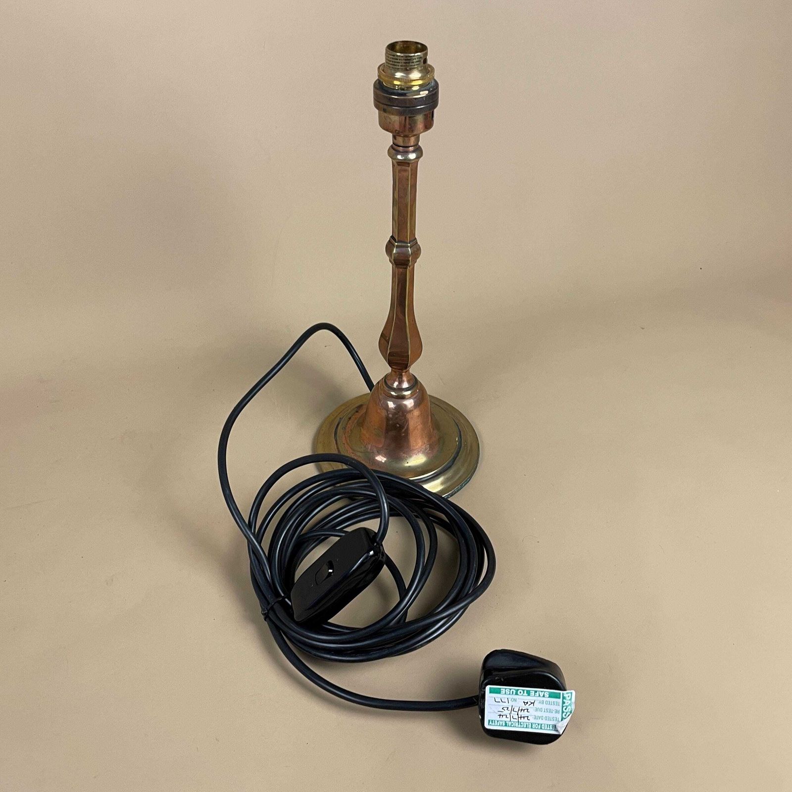 photo for sale Antique Vintage Metal Gold Brass Copper Lamp Light Bedside Side Table Desk Column Pillar Ornate Lamps Round Base Cottage Heavy