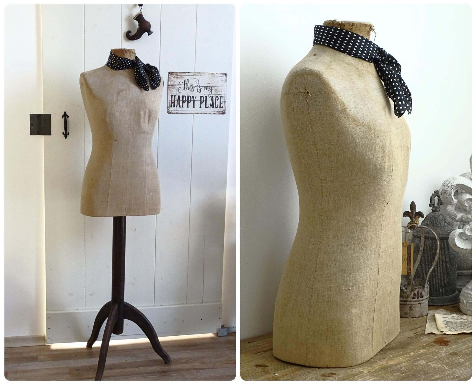 Antique French Mannequin: Tailor Dummy Female Dress Form, Oak Stand
