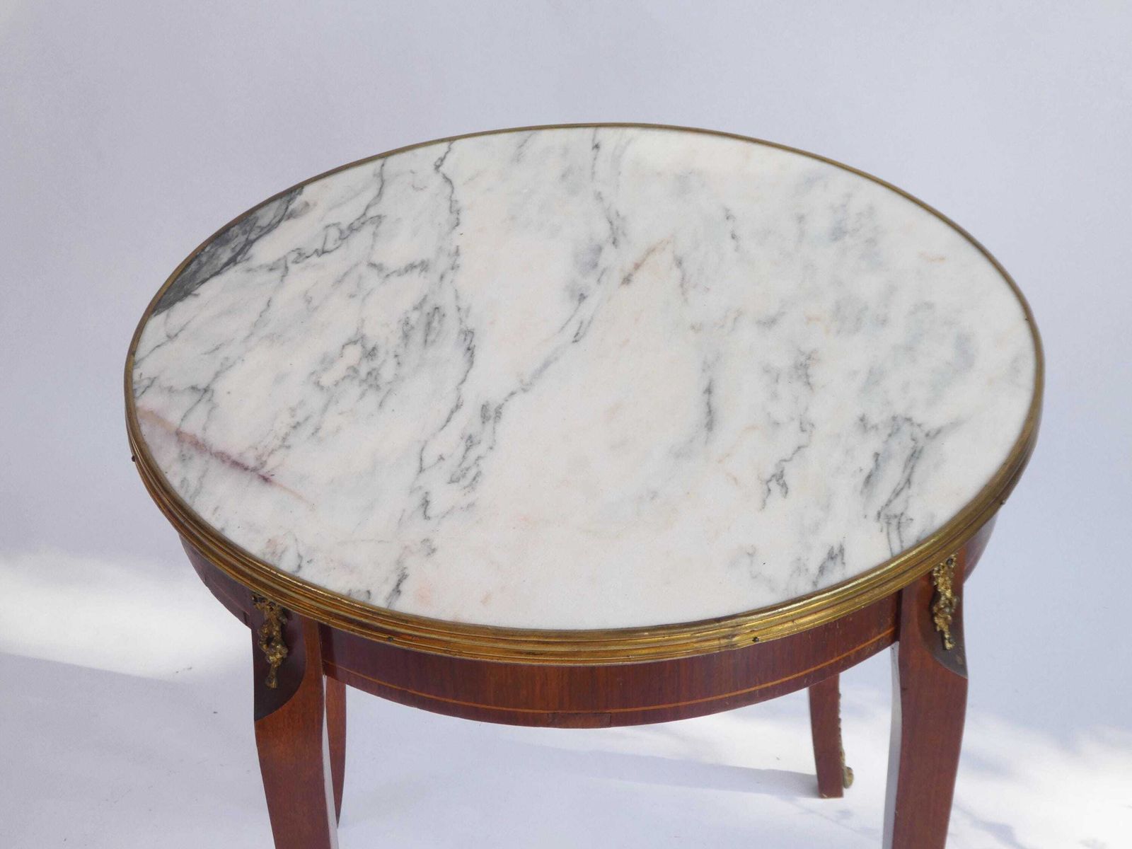 Antique French Round Coffee Table, Louis XV Style Side Table With Mable Top And Brass Details photo for sale