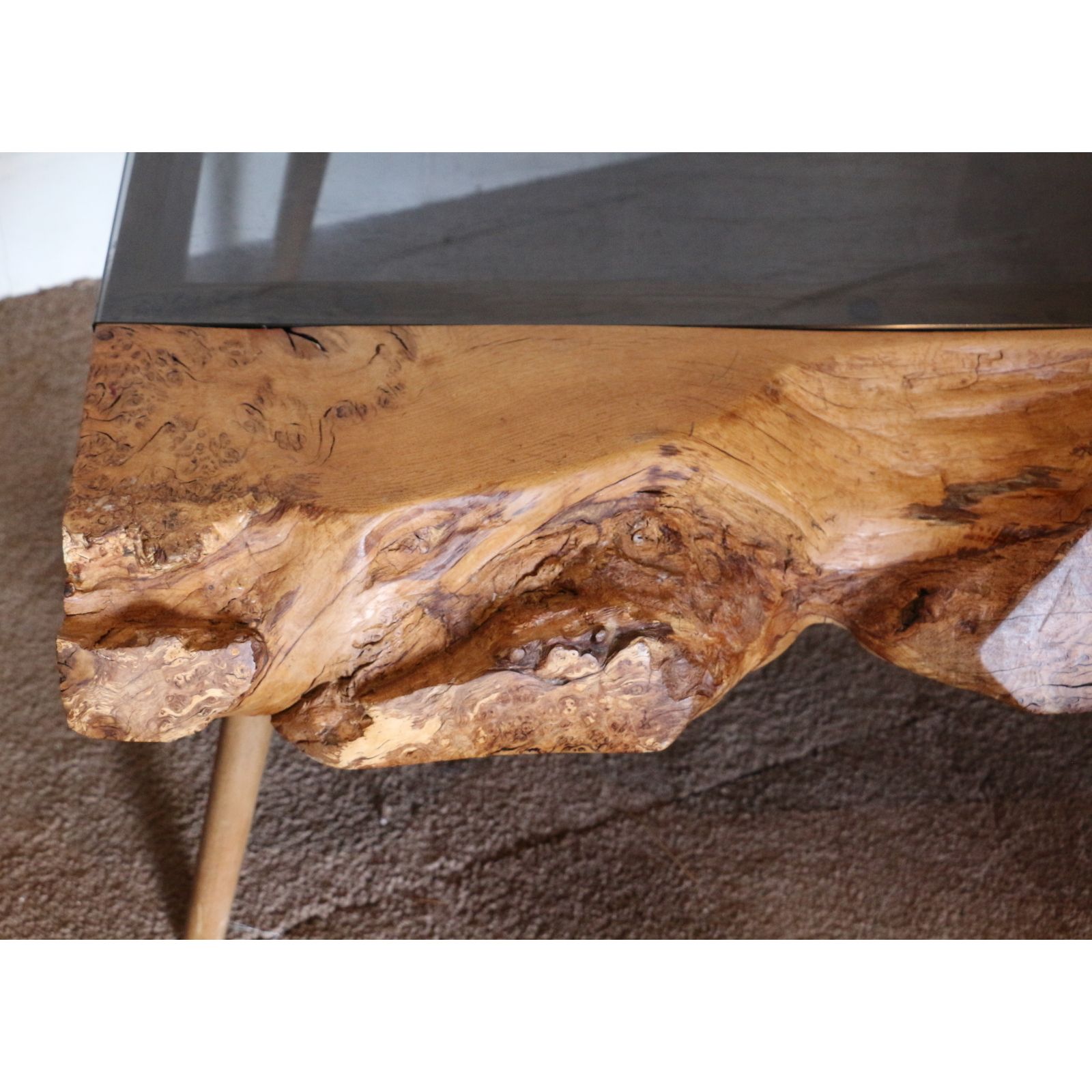 A Bur Wood & Smoked Glass Coffee Table Raised On Angled Tapering Supports photo for sale