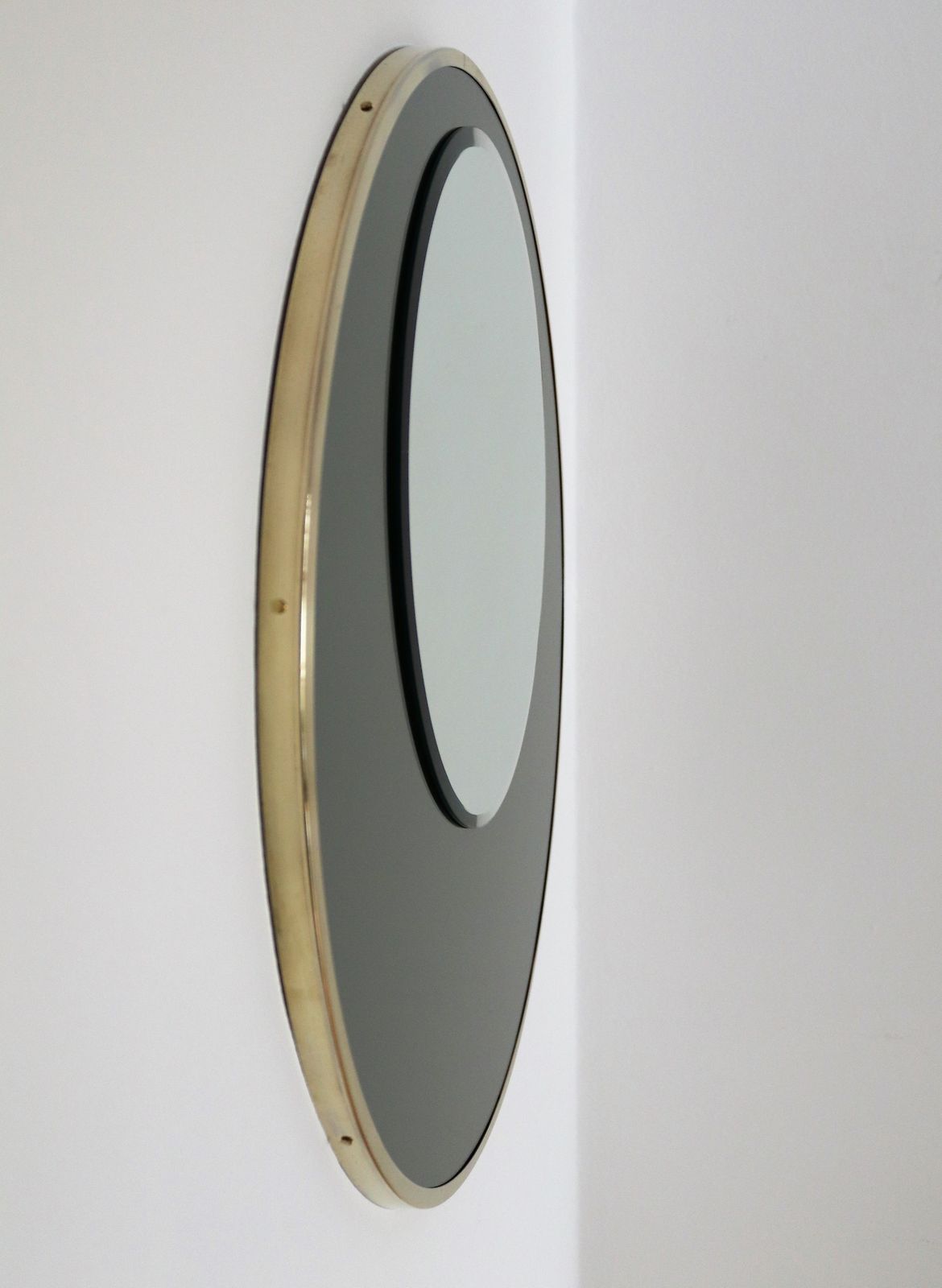 Italian Double Glass Designer Wall Mirror With Brass Frame, 1970s photo vinterior