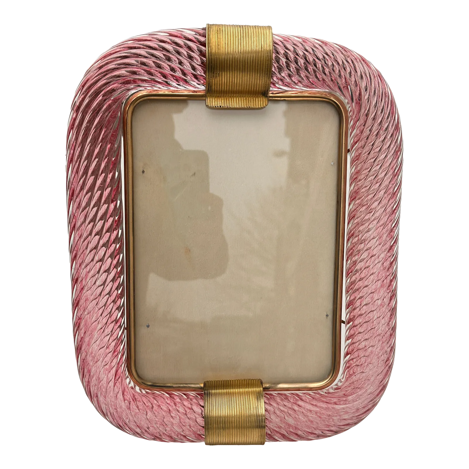 Mid Century Modern Style Pink "Torchon" Murano Glass Picture Frame And Brass In Barovier Style
