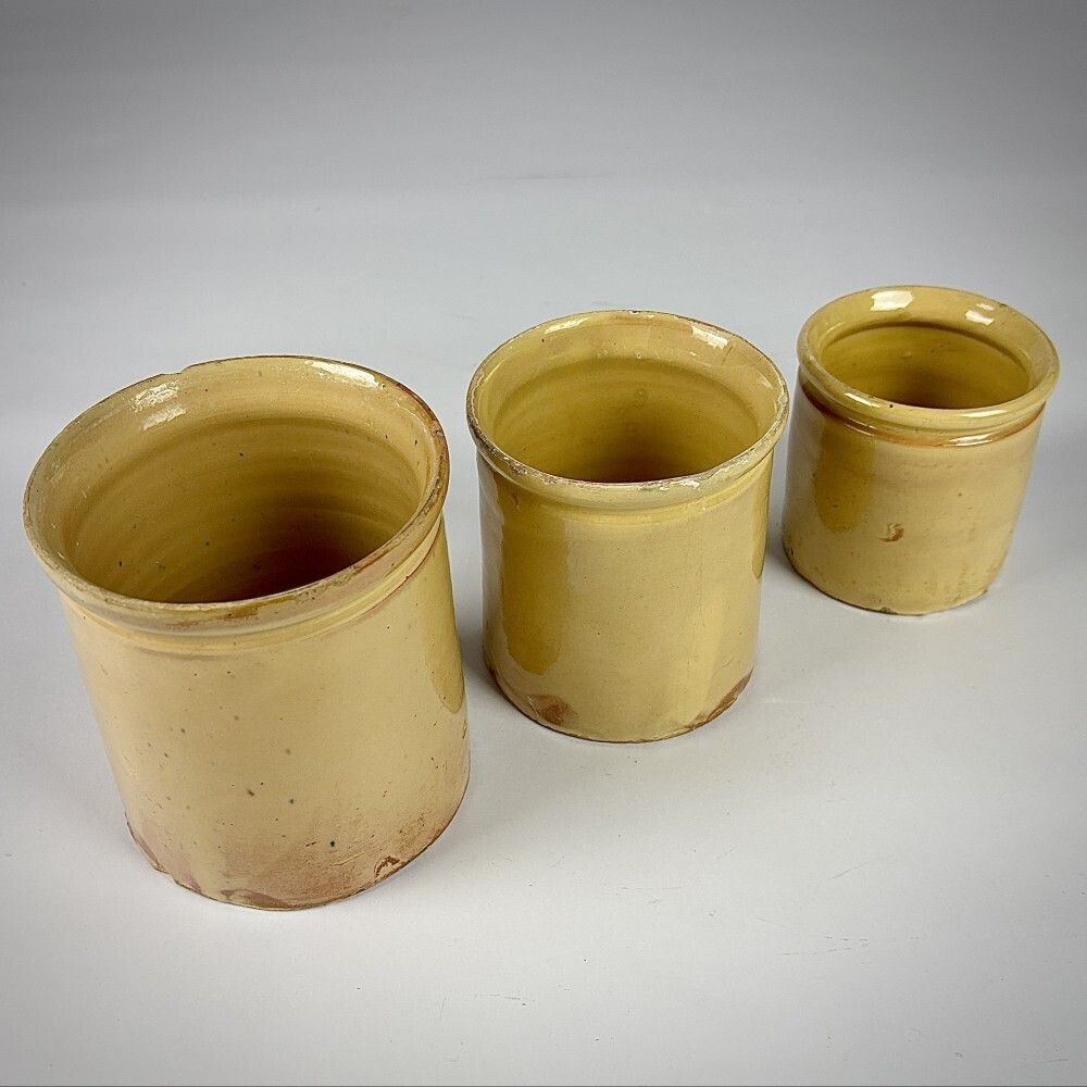 Collection Of Three Early 20th Century Yellow Slip Glazed Honey Pots photo vinterior