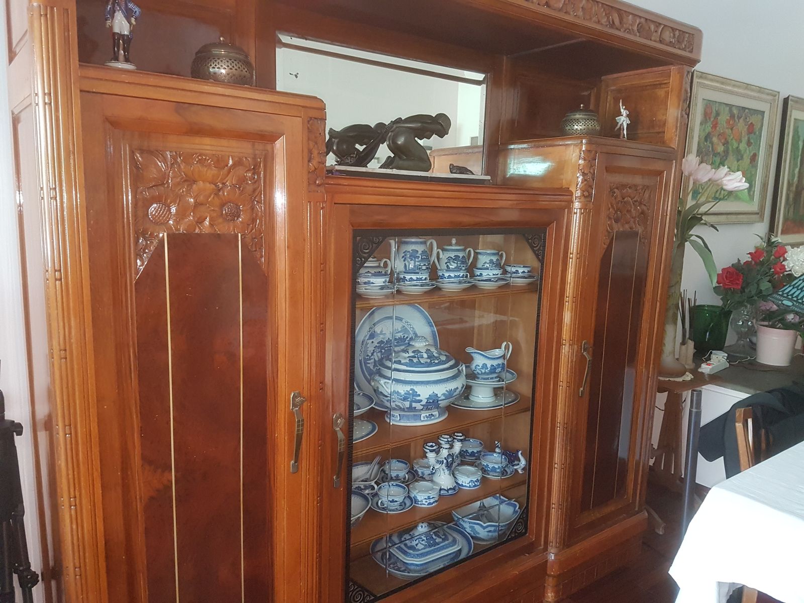 Liberty Exceptional Cherrywood Display Cabinet W. Engravings, Inlays, Glass photo for sale