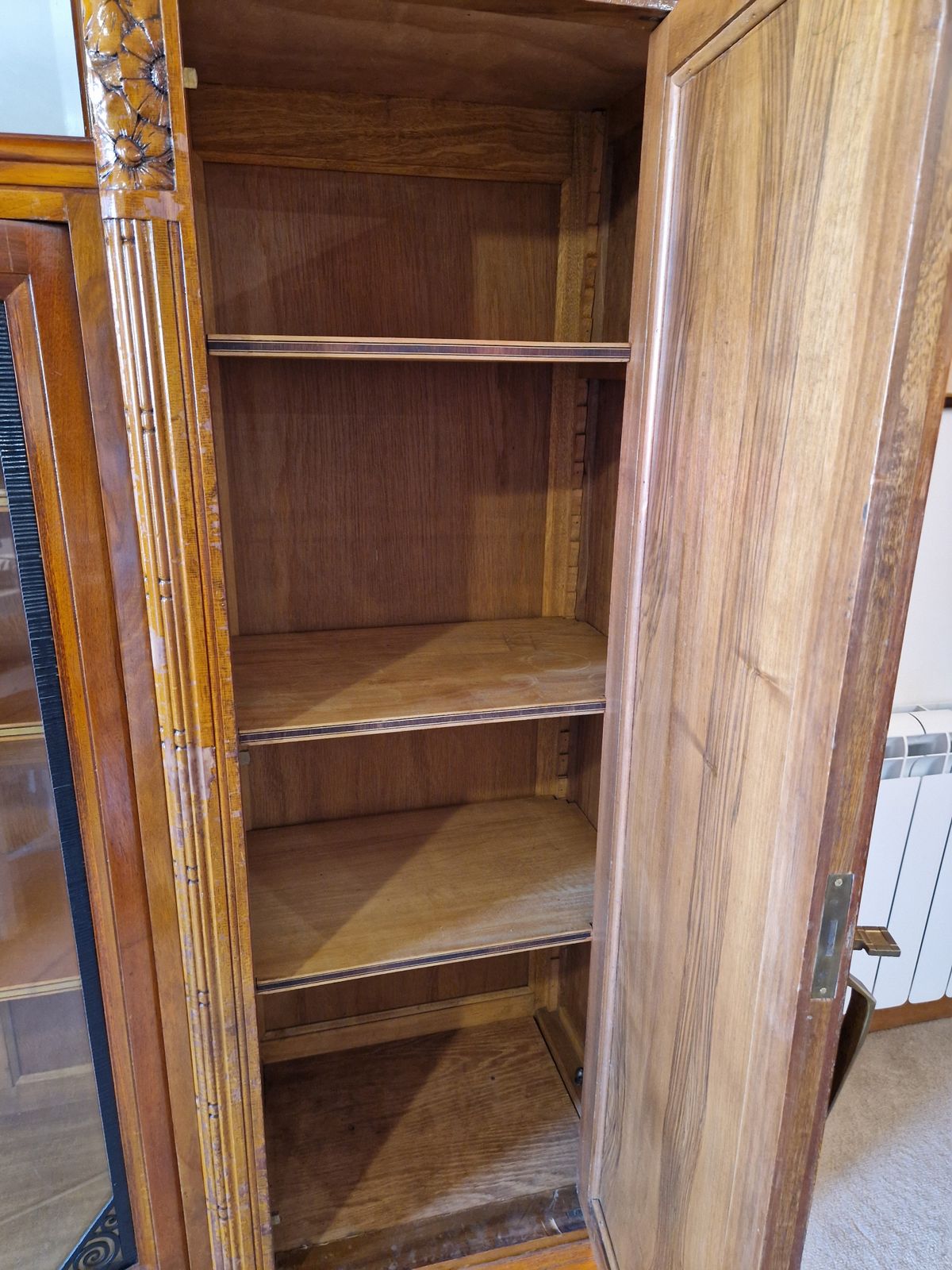 Liberty Exceptional Cherrywood Display Cabinet W. Engravings, Inlays, Glass photo vintage