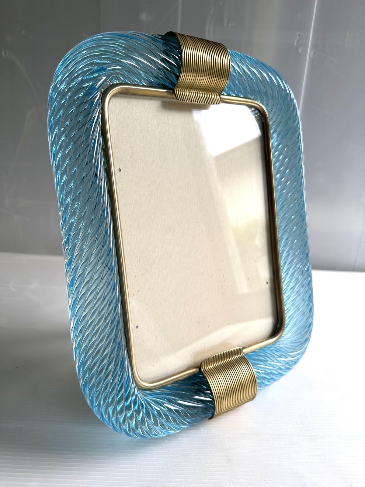 Mid Century Modern Style Light Blue"Torchon" Murano Glass Picture Frame And In Barovier Style photo vinterior