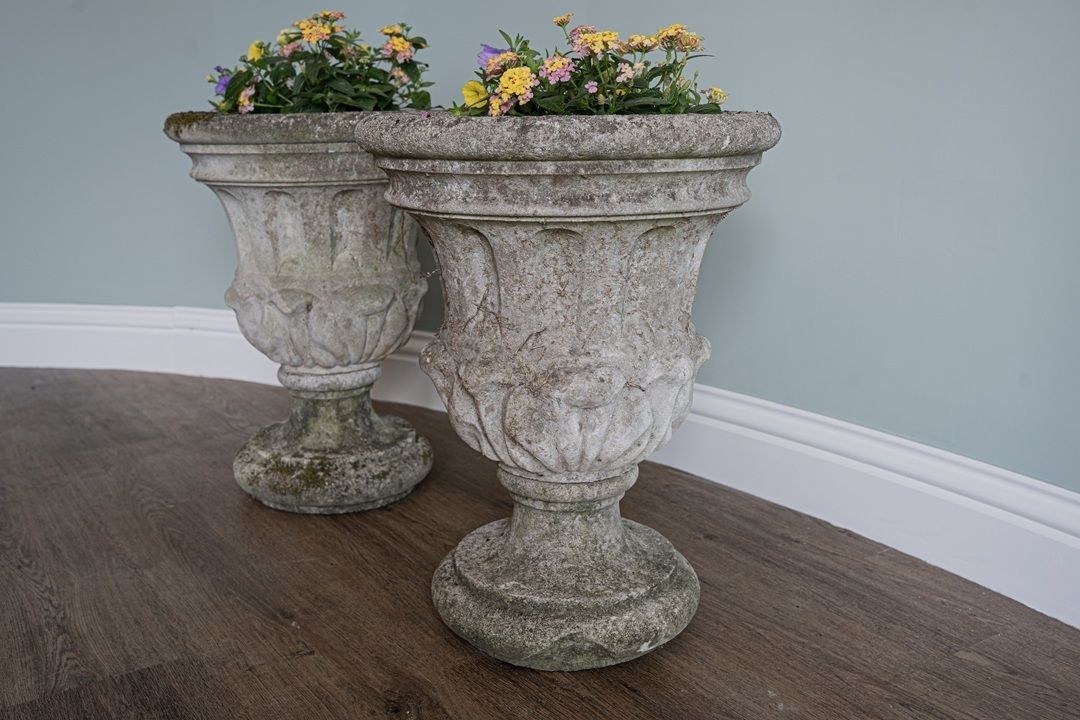 960.0 A Pair Cast Stone Antique Garden Urns photo