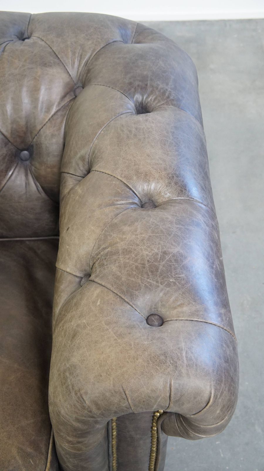 Unique And Spacious Gray Cowhide Chesterfield Club Armchair In English Style On Wheels photo vintage