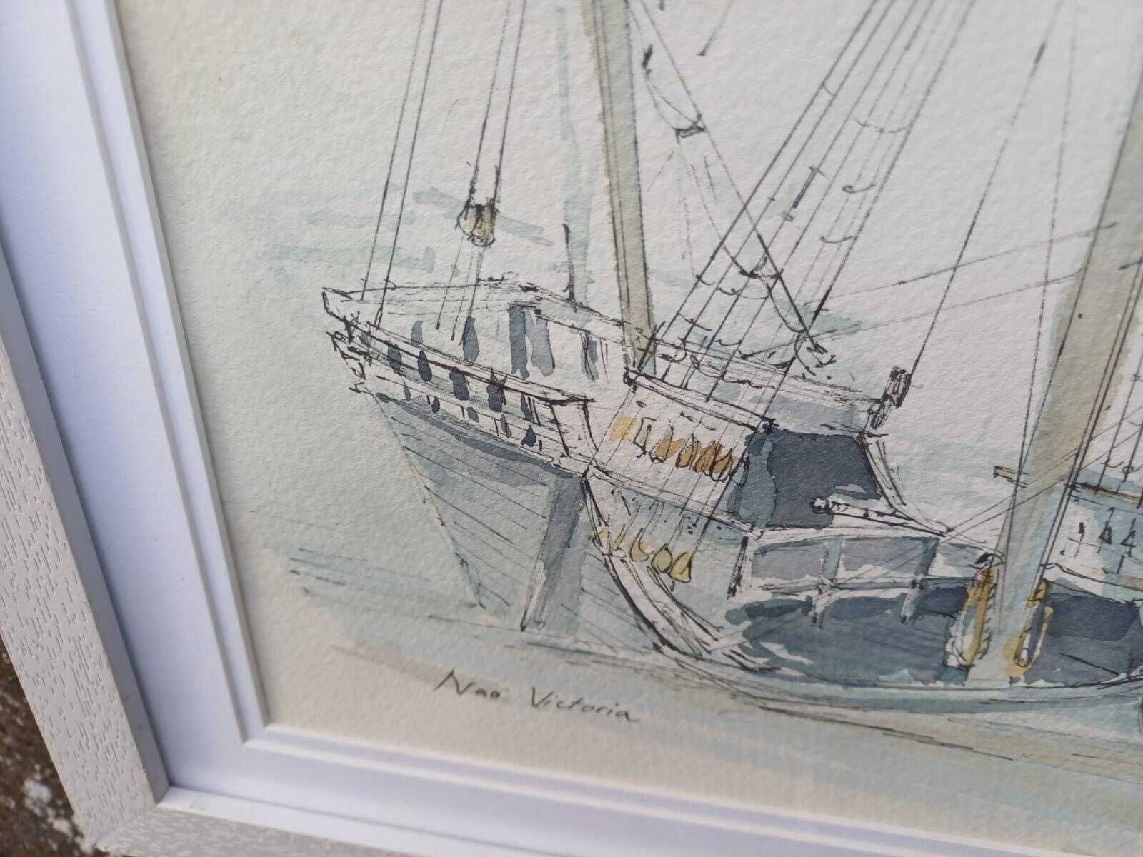 Original Nautical Ship Watercolour, “Nao Victoria” Chatham, Signed Maritime Painting By Z Richards, Historic Sailing Vessel In White Frame photo 68.0