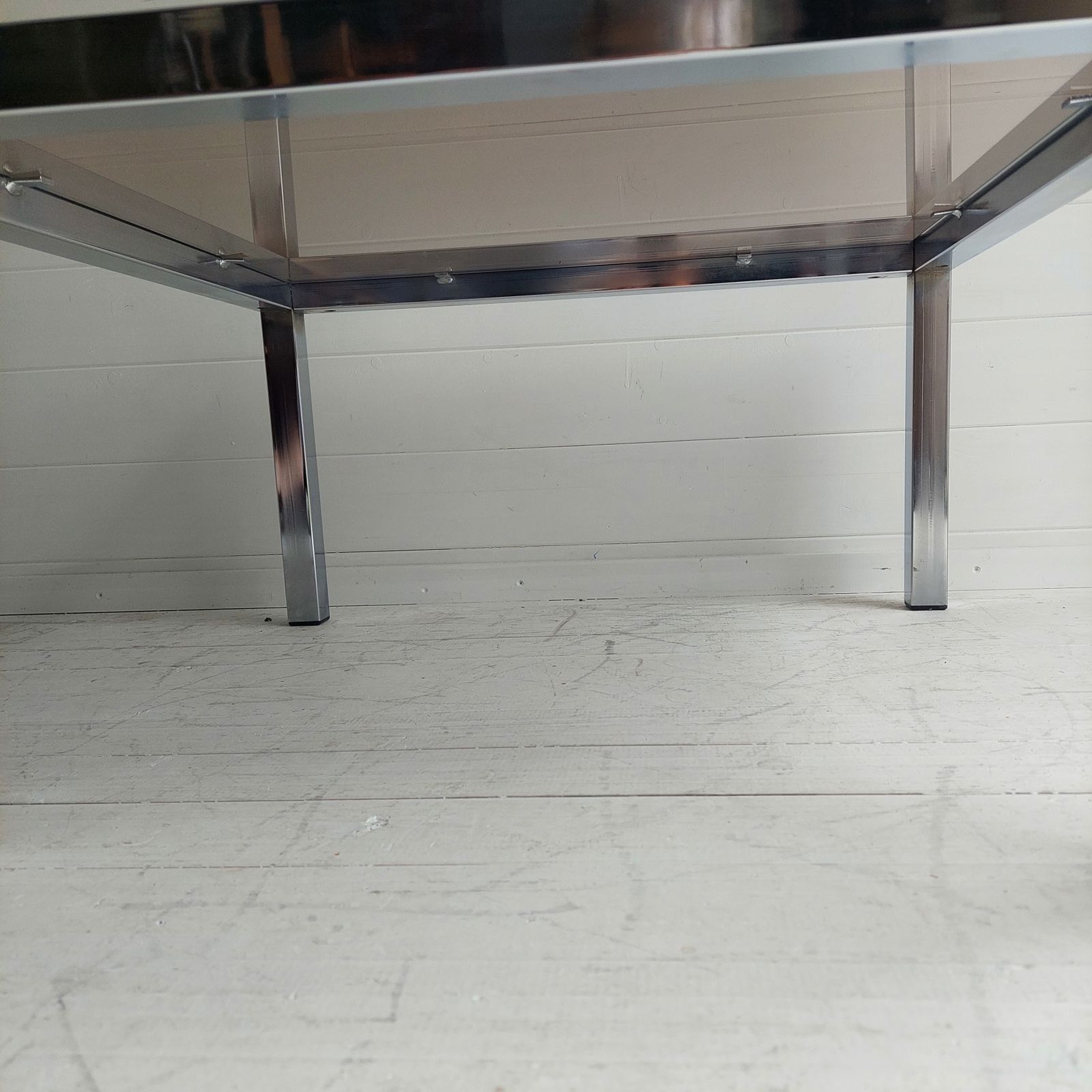 photo vinterior Mid Century Bauhaus Chrome And Smoked Glass Coffee Table, 1970s