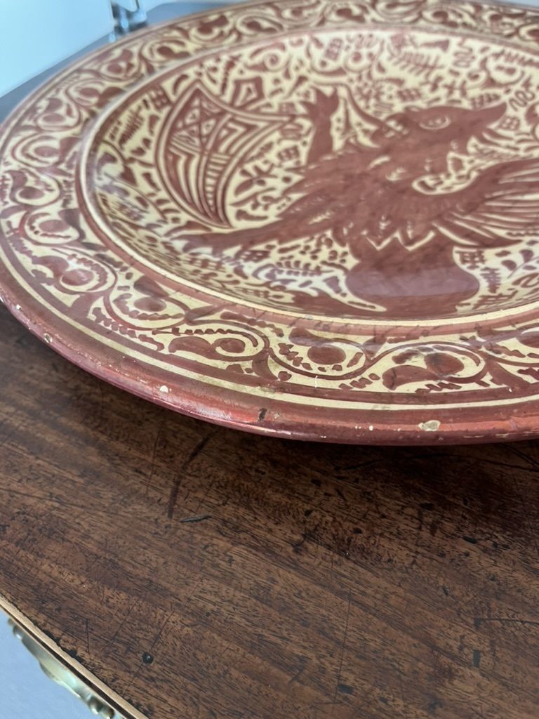 Pair Of 19c Bronze Lustre Ware Chargers With Hanging Bars photo for sale